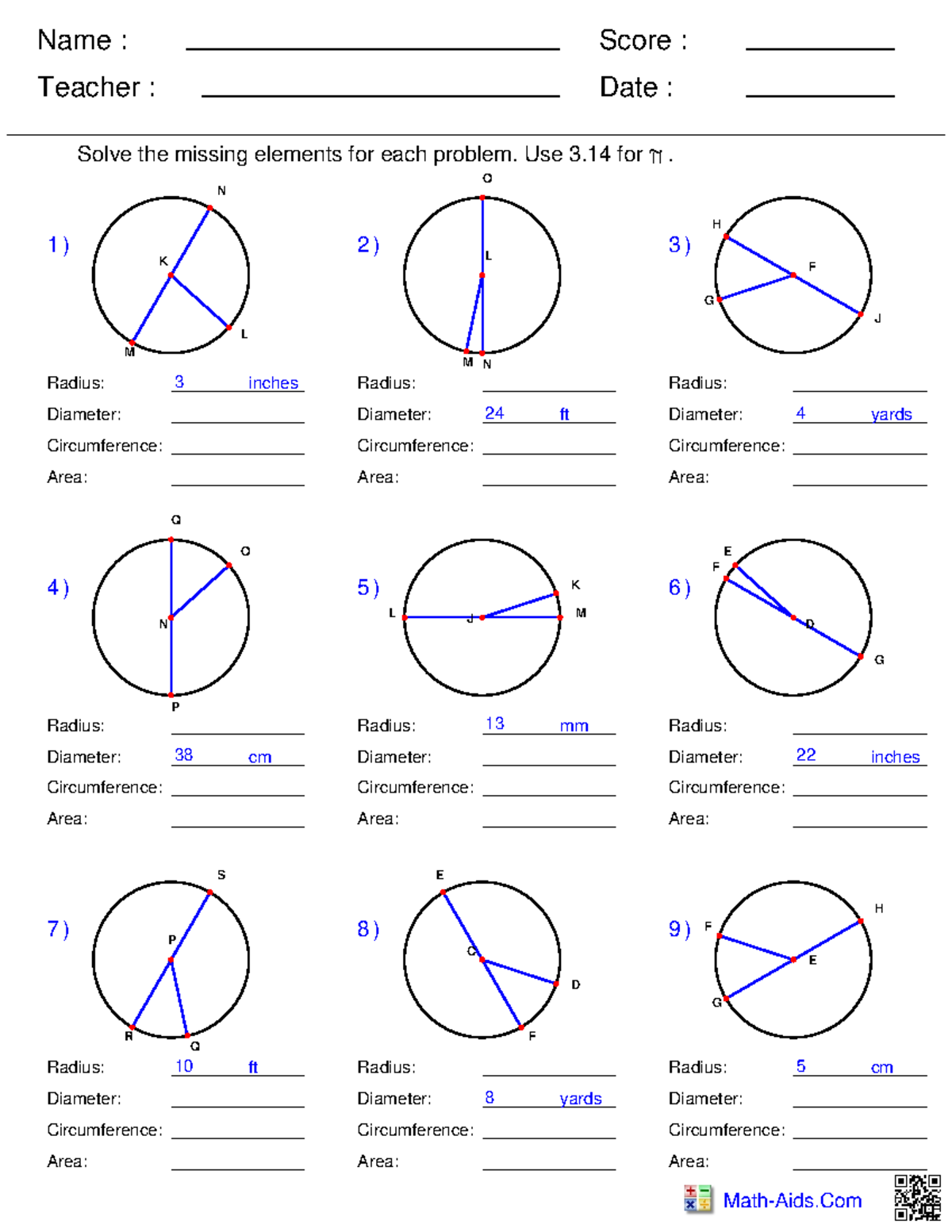 Circumference and Area of Circles - Name : Teacher : Date : Score ...