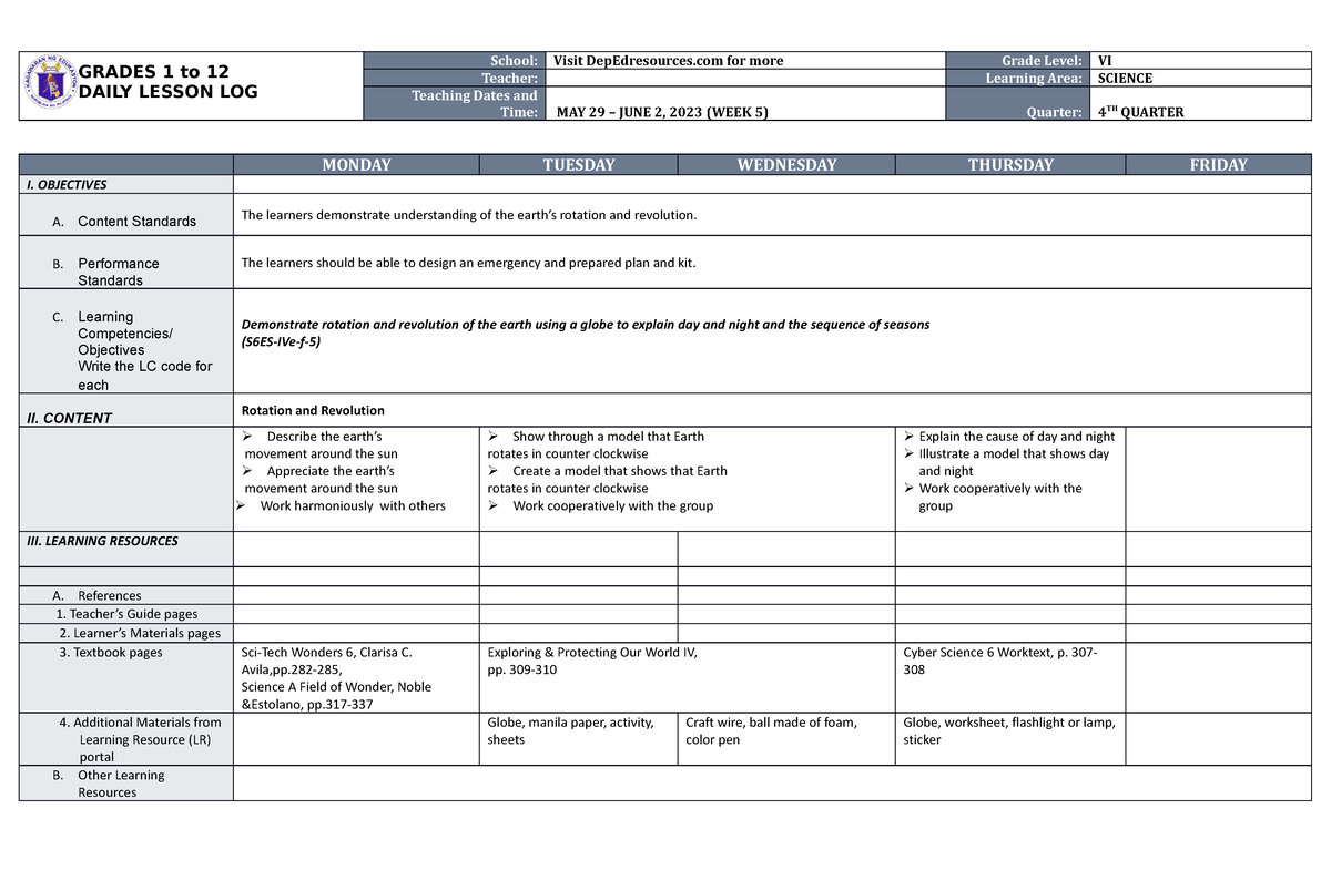 DLL Science 6 Q4 W5 Daily Lesson Plan Grade 6 Fourth Quarter GRADES