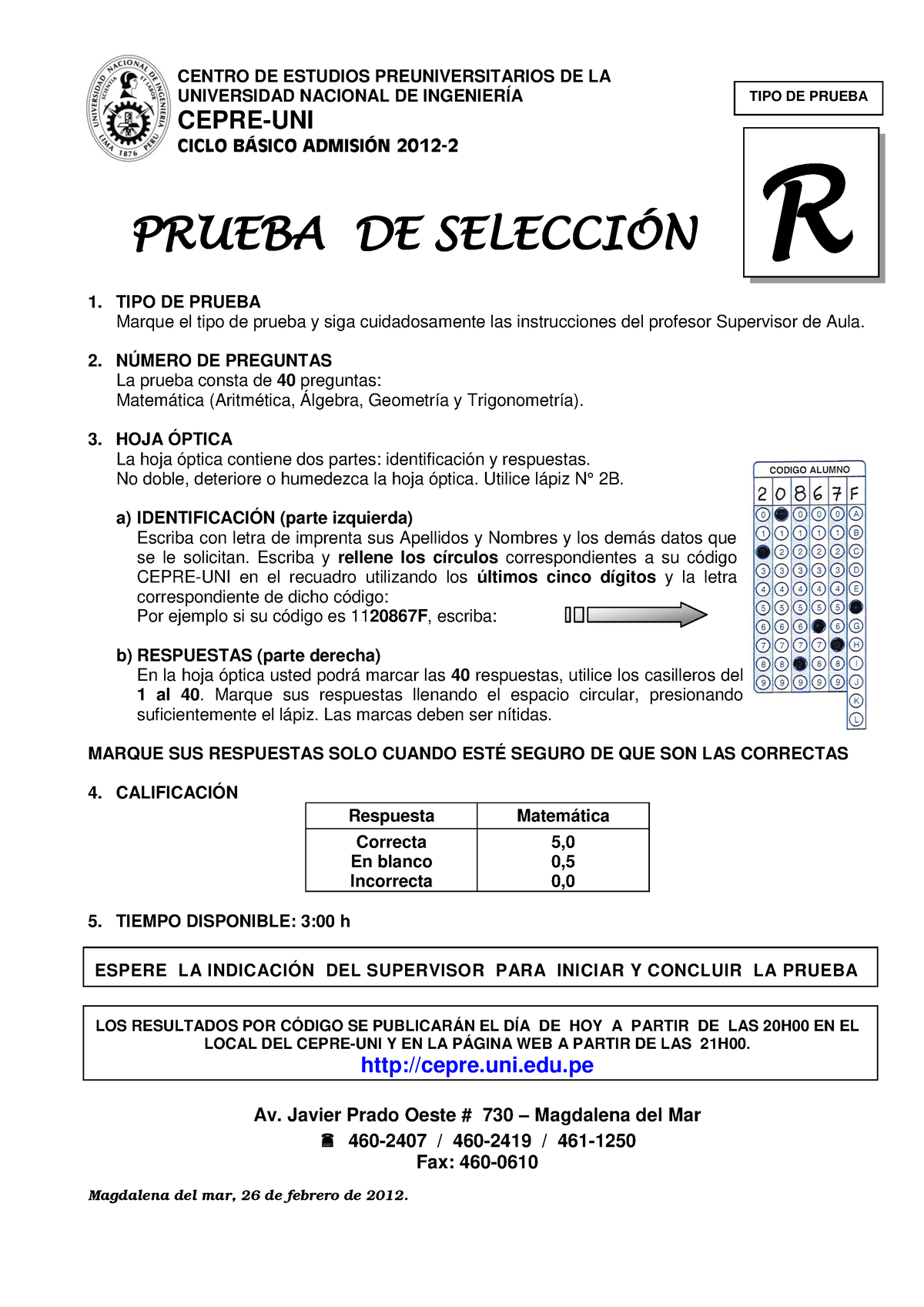 Cepre UNI Examen Seleccion 2012 II - CENTRO DE ESTUDIOS ...