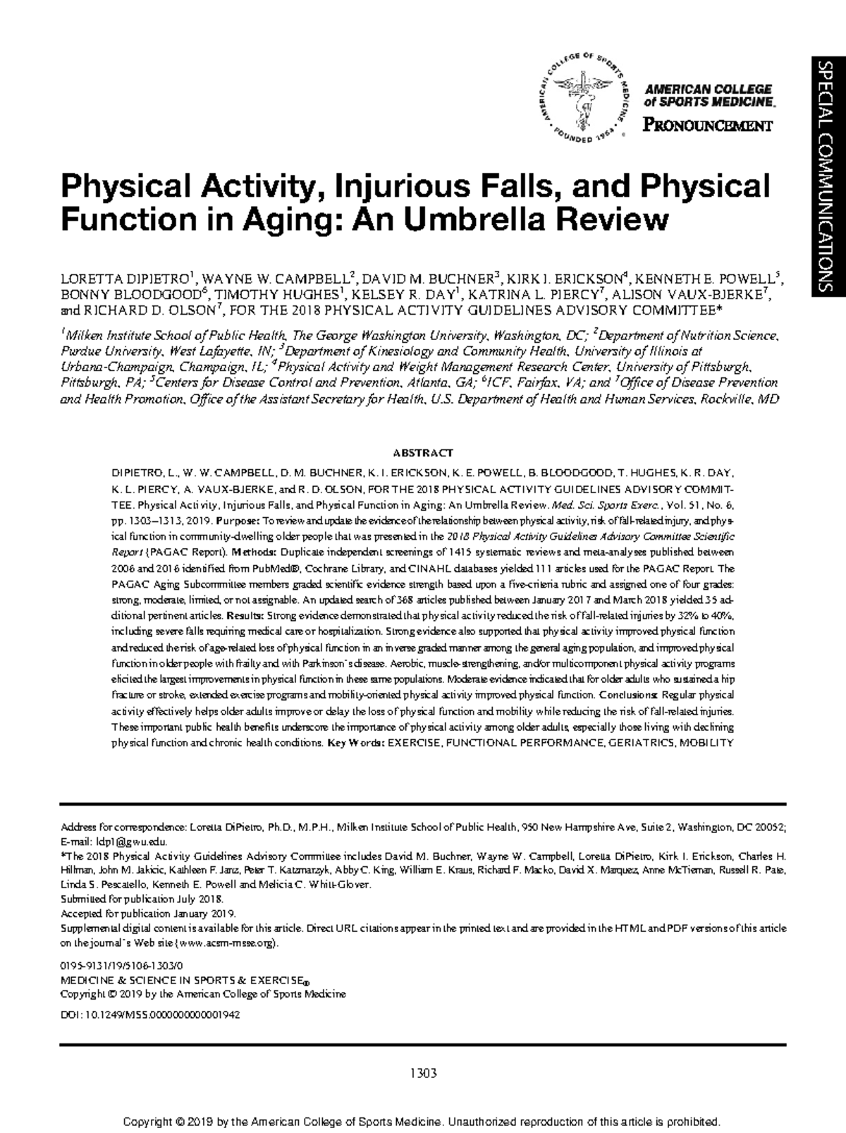 Physical Activity, Injurious Falls, and Physical Function in Aging An
