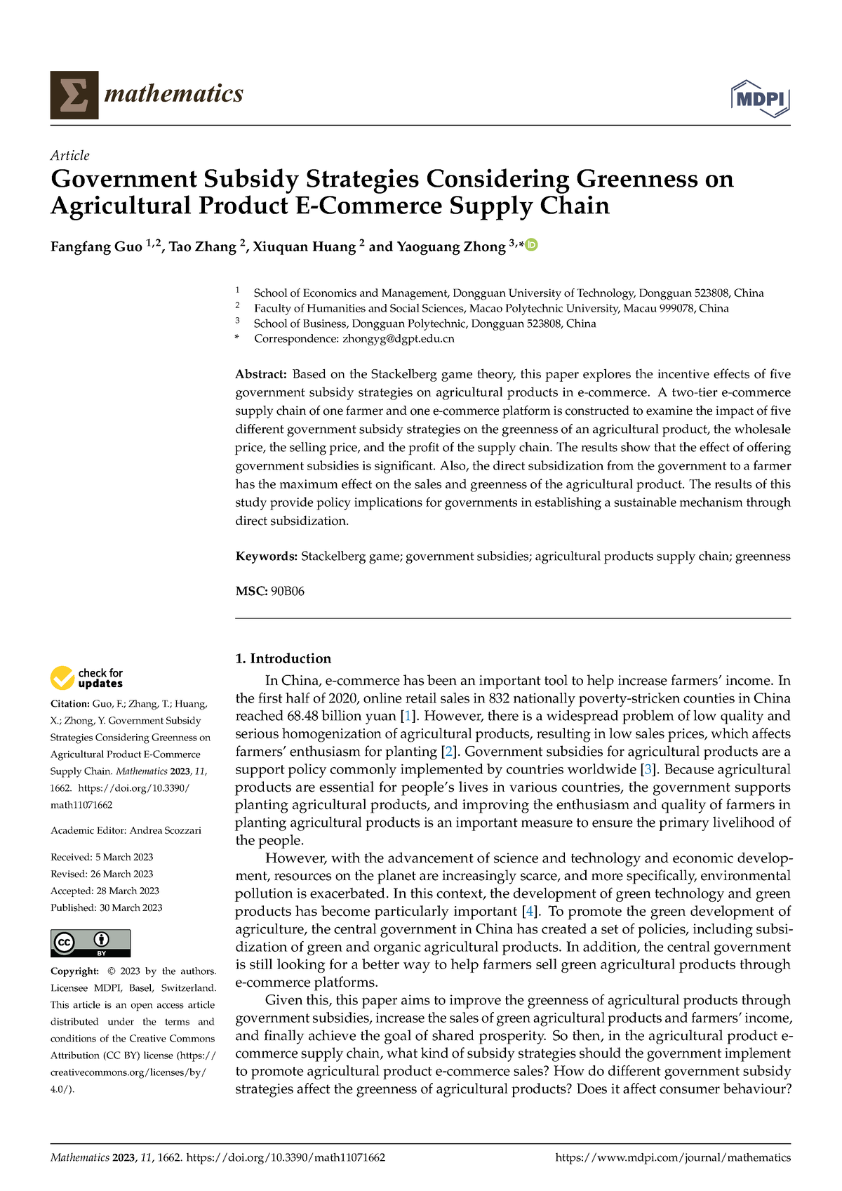 Government Subsidy Strategies Considering Greennes - Citation: Guo, F ...