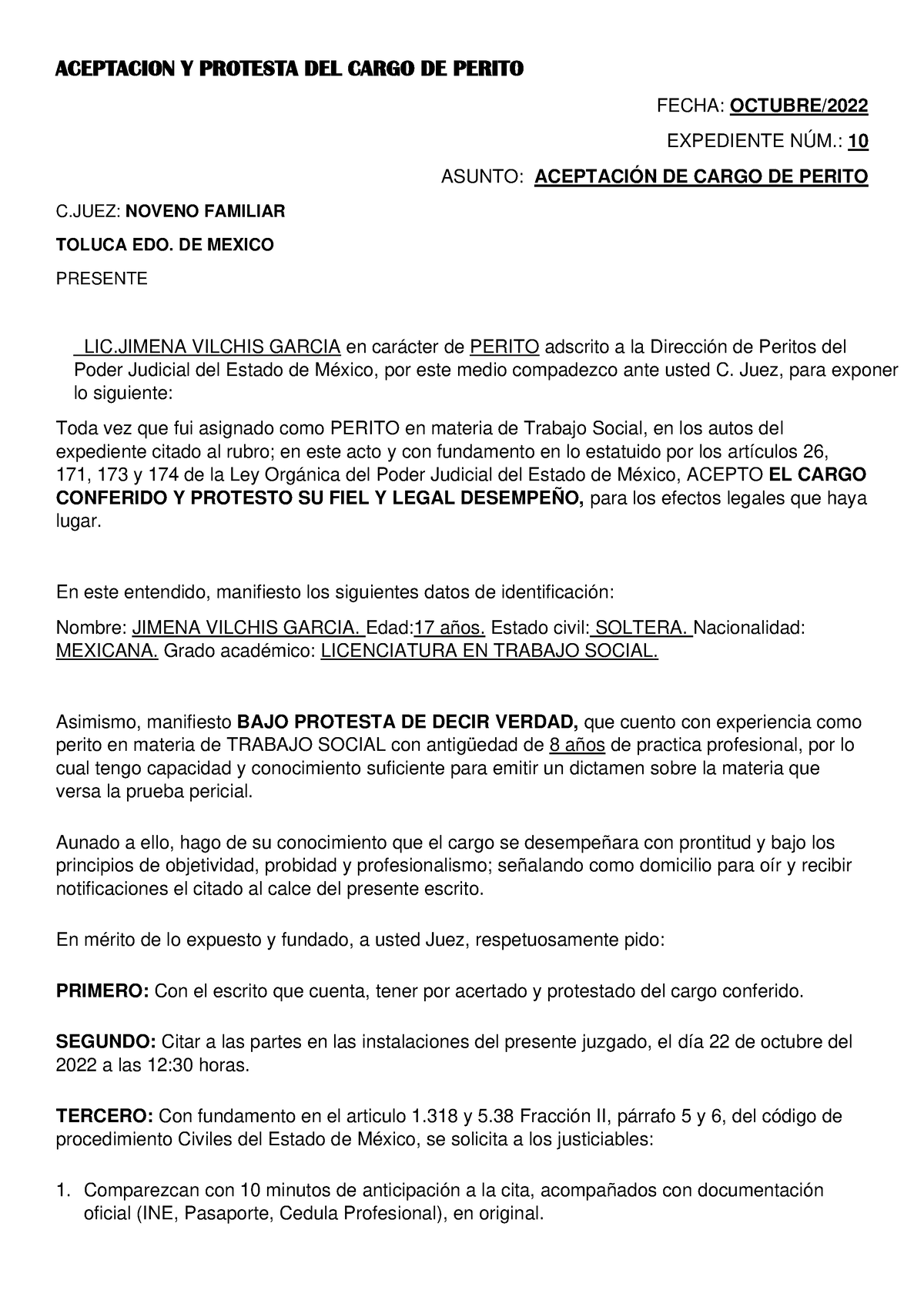 Aceptacion Y Protesta Del Cargo De Perito Jimena Aceptacion Y