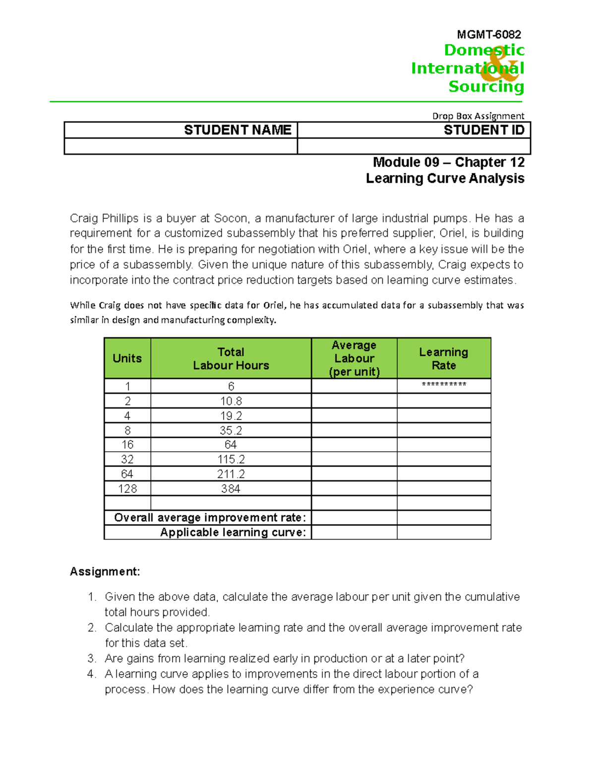 2020 - MGMT-6082 - Module 09 - Chapter 12 - Assignment - Learning Curve -  Oriel - MGMT- Domestic - StuDocu