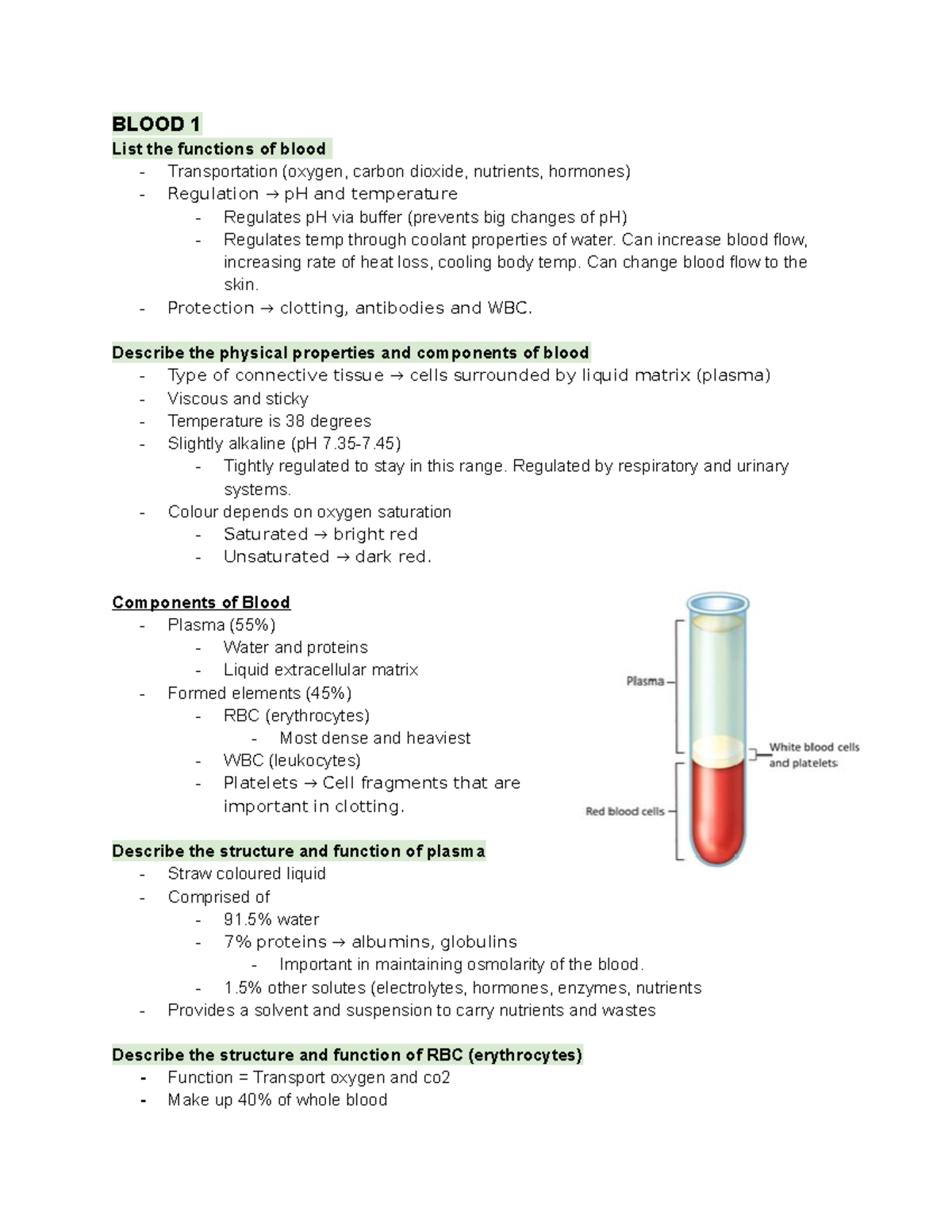 Week 11 - blood - lecture notes - BLOOD 1 List the functions of blood ...