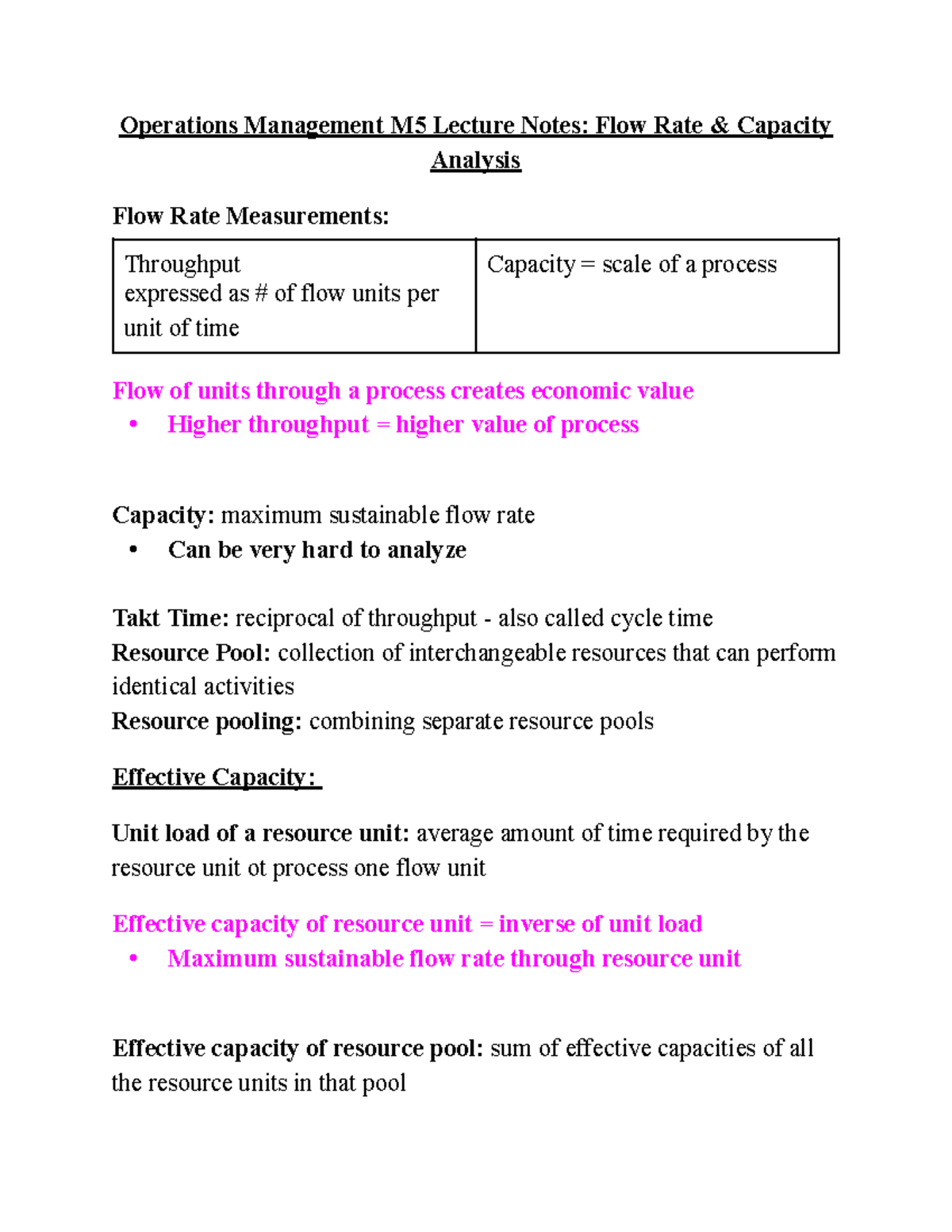 Operations Management M5 Lectures Notes Flow Rate and Capacity