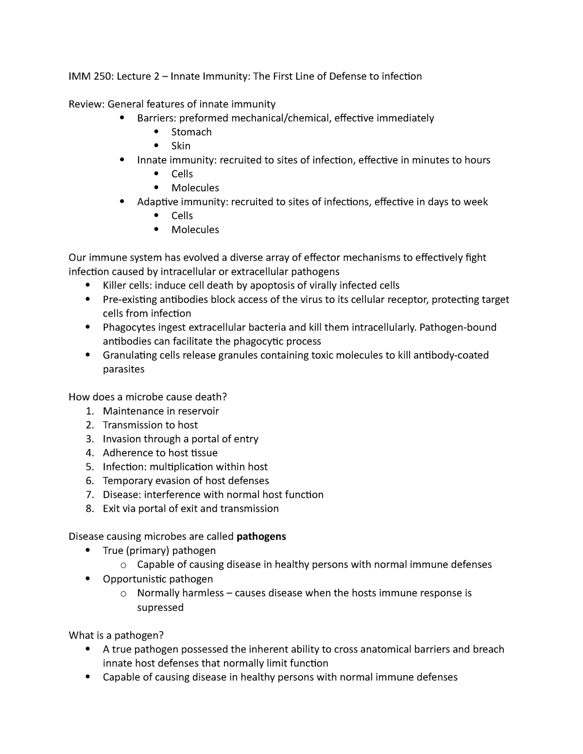 Lecture 2 - notes - IMM 250: Lecture 2 – Innate Immunity: The First ...