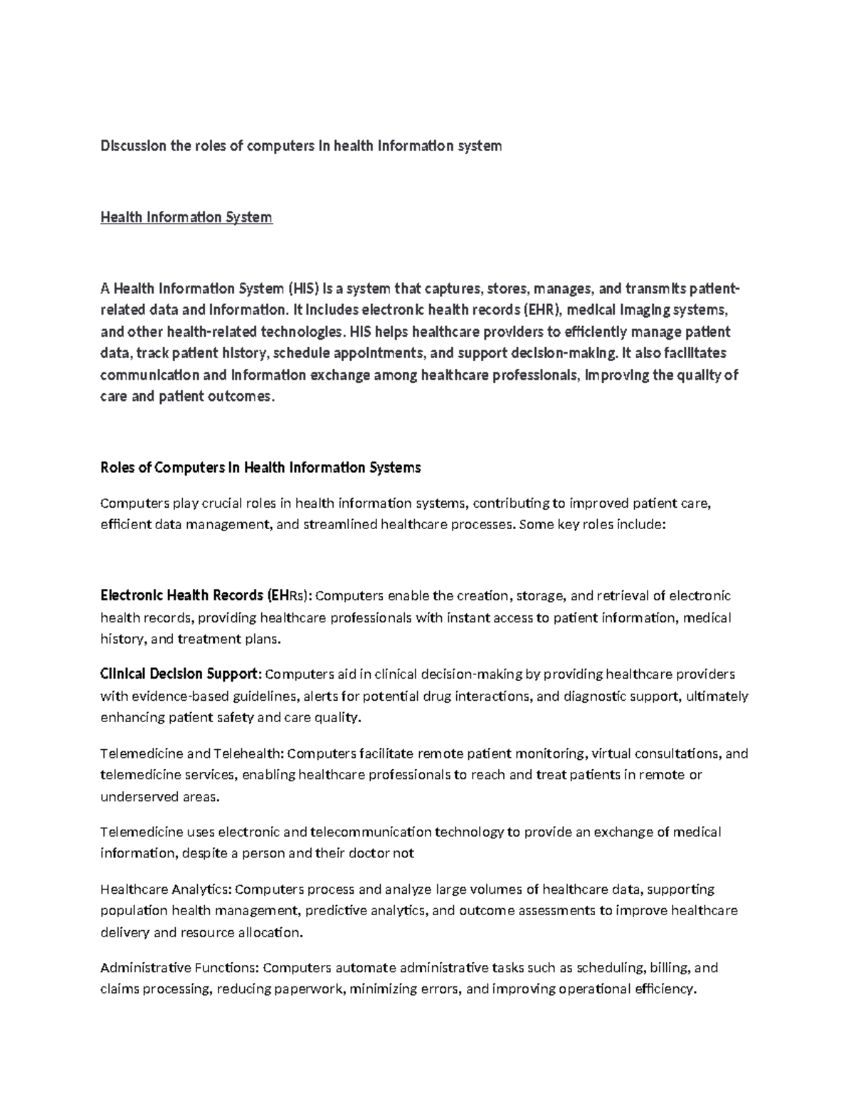 HIS 2MY Research - Notes - Discussion the roles of computers in health ...
