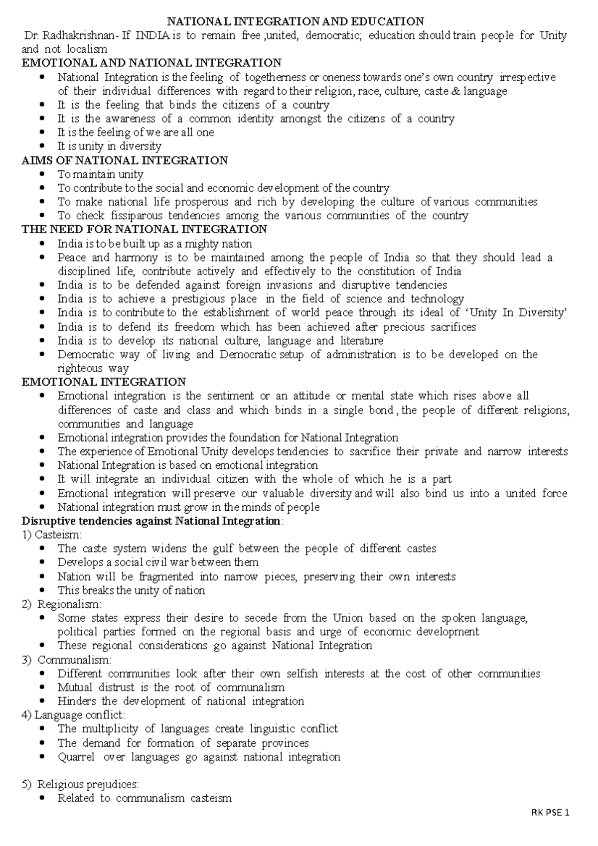 Rk pse - INTEGRATION AND EDUCATION : psychology - NATIONAL INTEGRATION ...