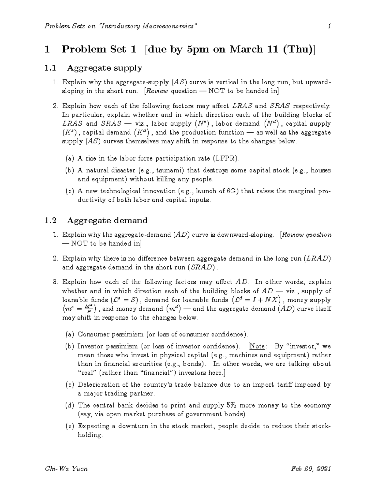 2021 Sem B Macroeconomics Problem Set 1 - Problem Sets On ìIntroductory ...