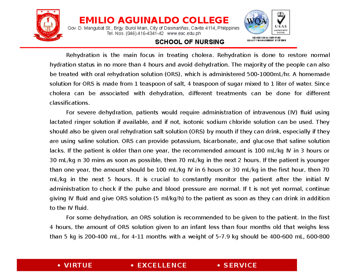 Cholera - notes lang ata to - SCHOOL OF NURSING Rehydration is the main ...