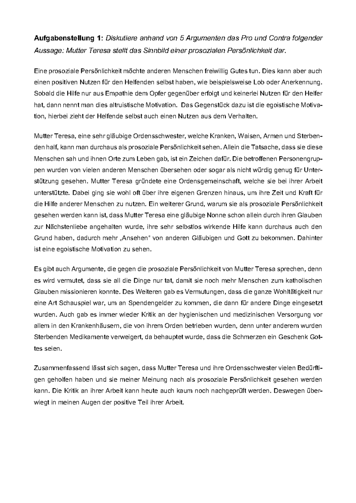 Workbook - Psychologie - Aufgabenstellung 1: Diskutiere anhand von 5 ...