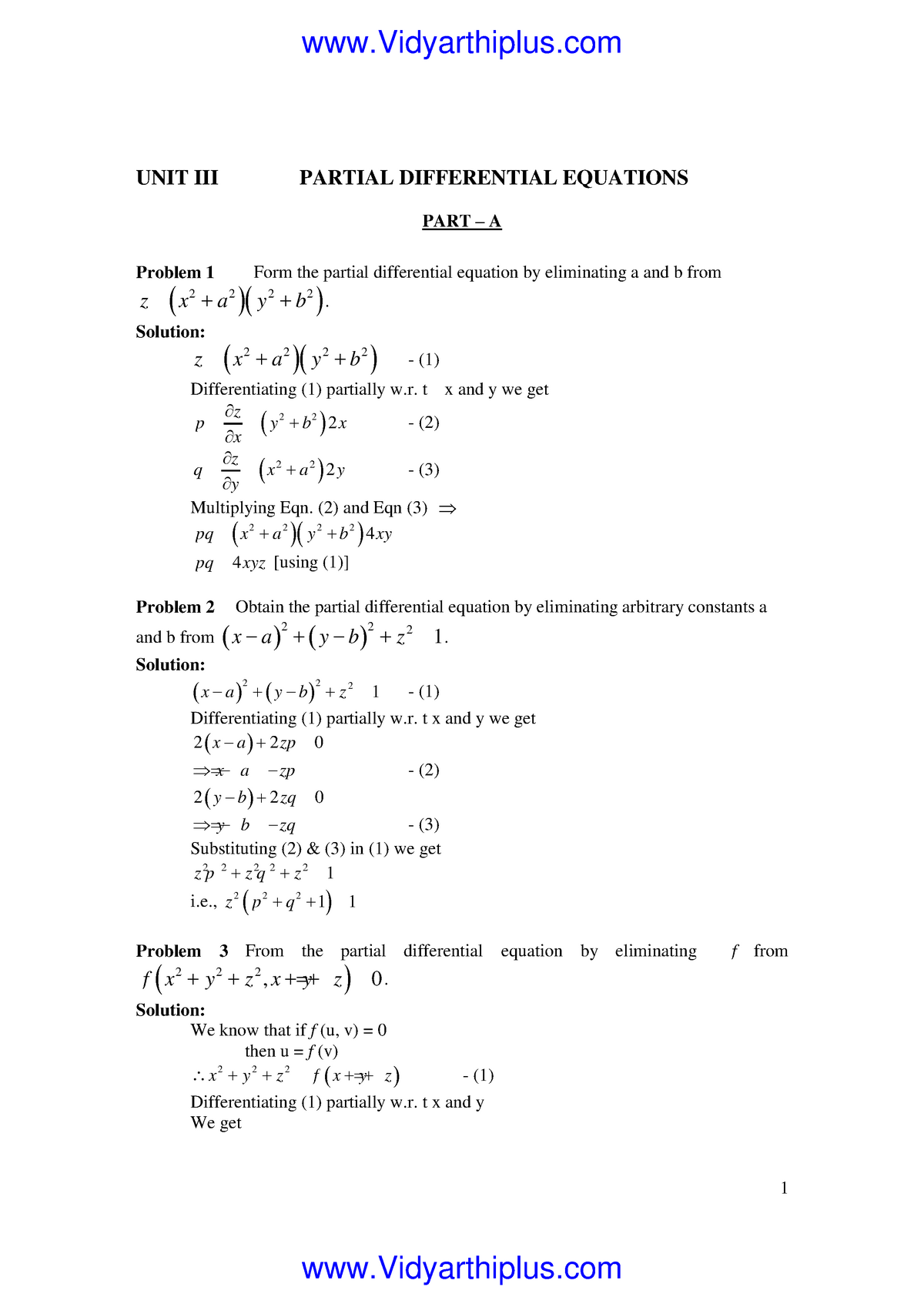 M3 Unit 3 Solved Problems 1 Unit Iii Partial Differential Equations Part A Problem 1 Form The Studocu