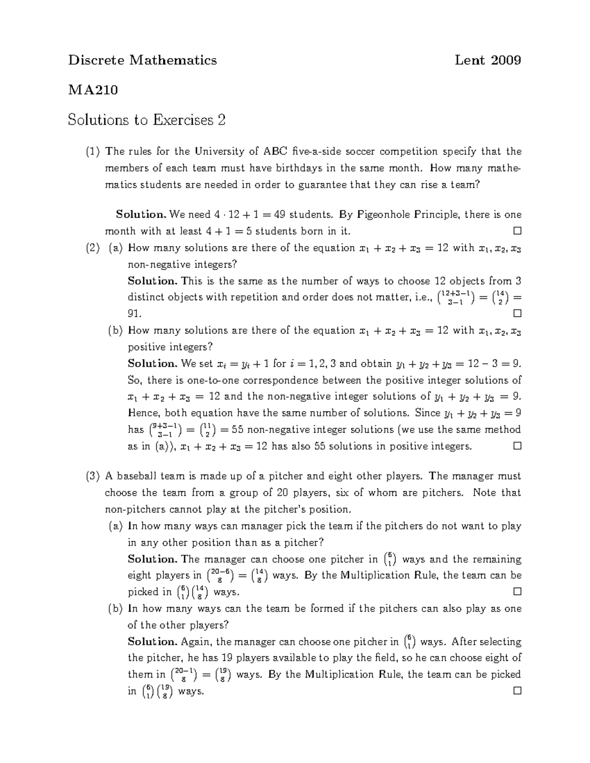 MA210 2009-2010 Week 2 Exercises - Solutions - Discrete Mathematics ...