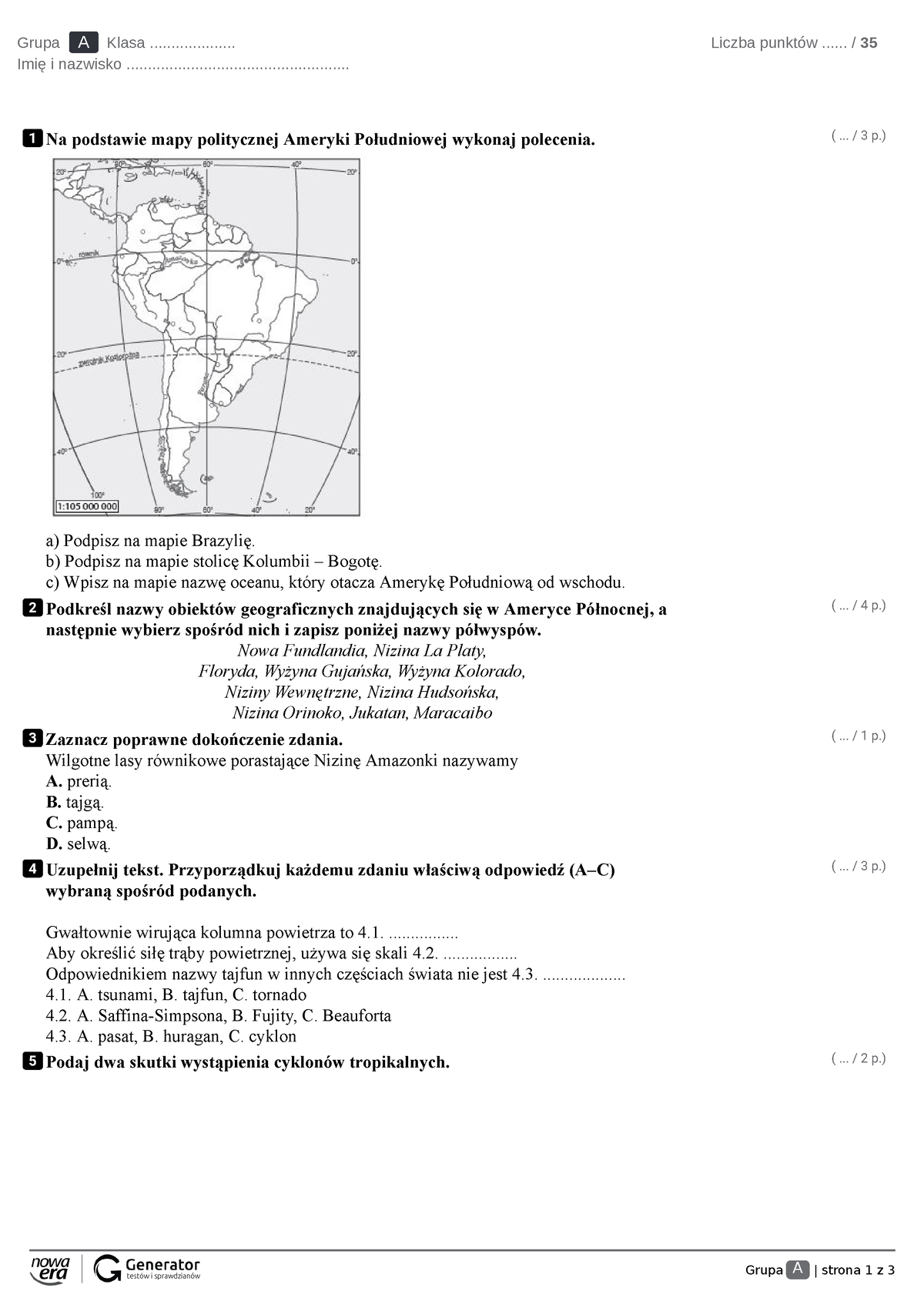 Ameryka Północna I Ameryka Południowa Test (z Widoczną Punktacją ...