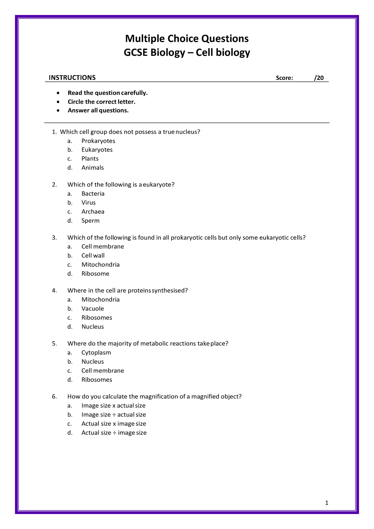 Biology-Cells - Examples - Multiple Choice Questions GCSE Biology ...