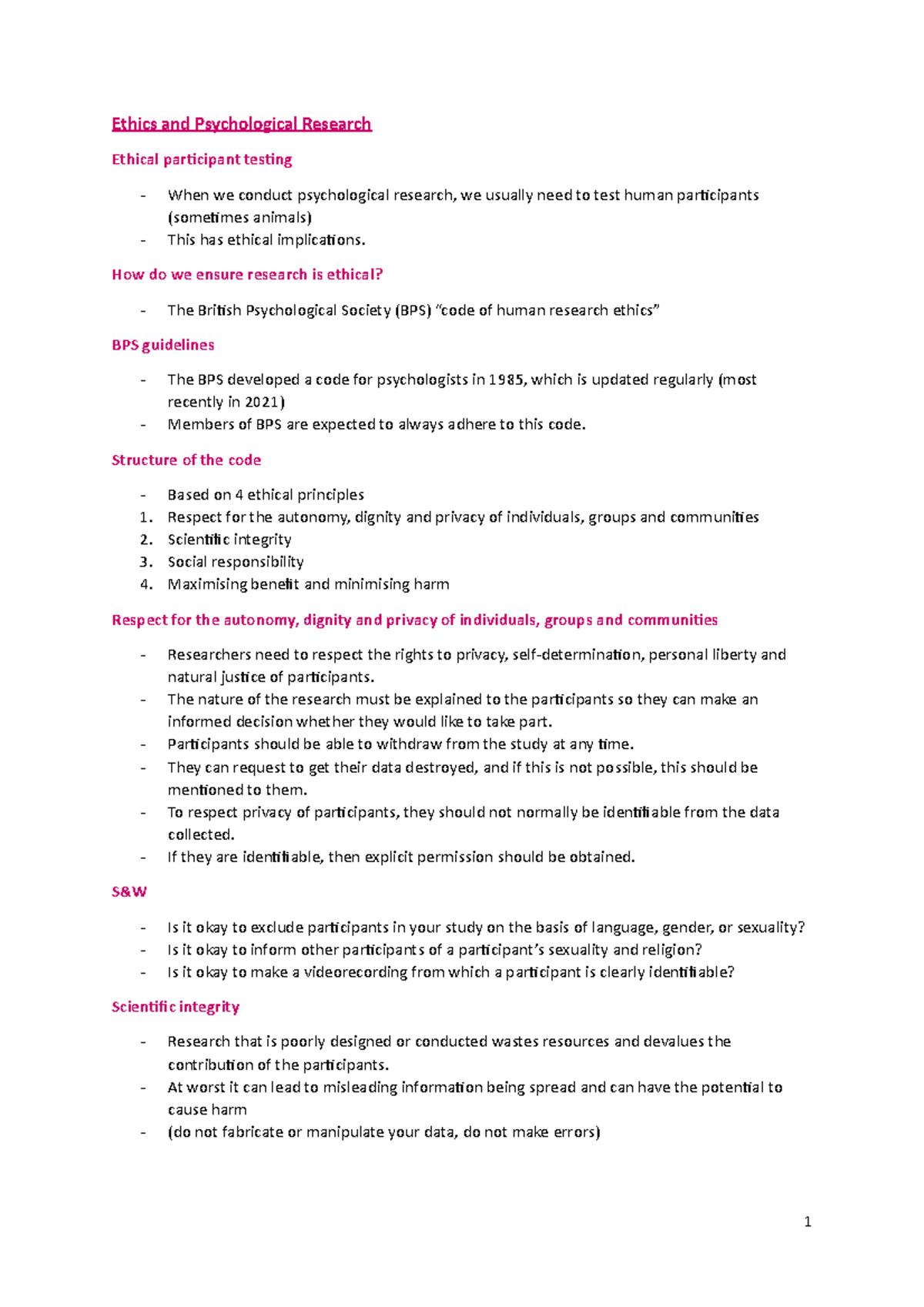 Ethics and Psychological Research Lecture Notes - Ethics and ...
