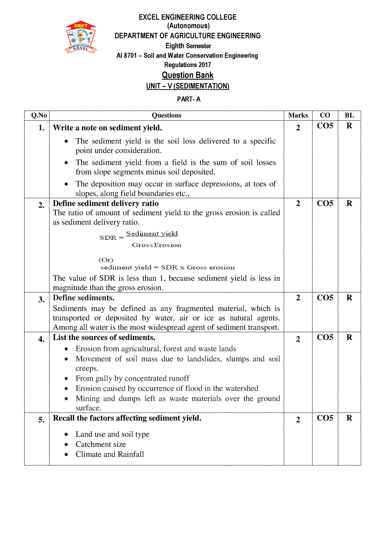 SWCE UNIT 5 QB WITH ANS - NOTES - Fundamentals of Soil and Water ...