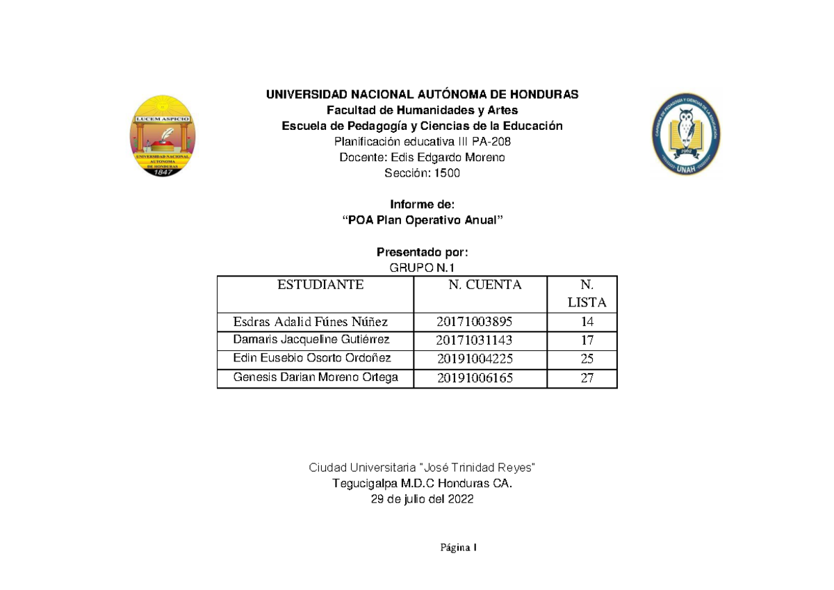 POA Escuela Jose Trinidad Cabañas - UNIVERSIDAD NACIONAL AUTÓNOMA DE ...