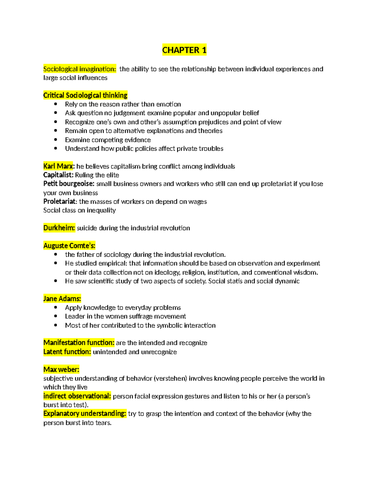 Sociology Study Sheet - CHAPTER 1 Sociological imagination: the ability ...