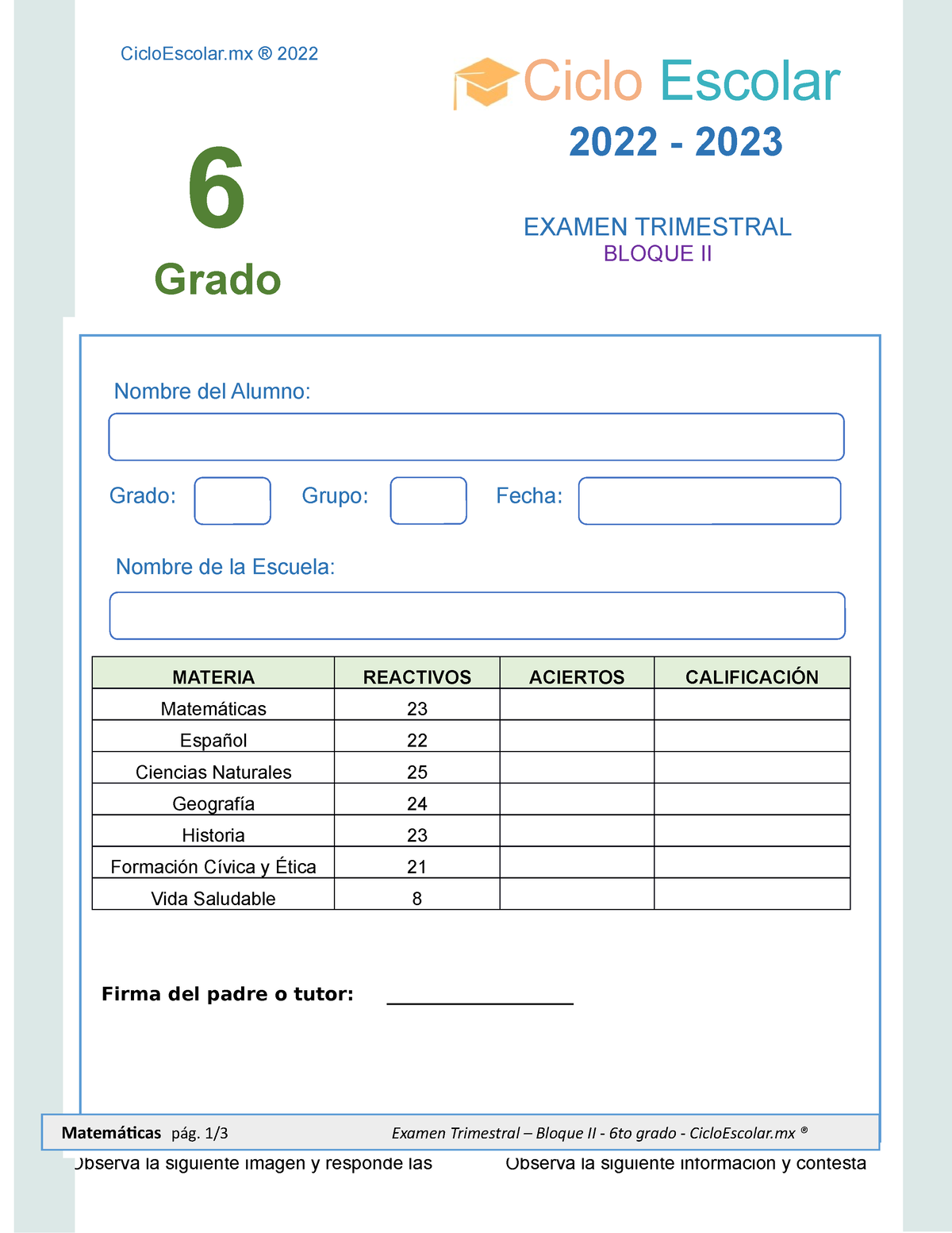 Examen Trimestral 6 Grado B2 2022 2023 - Subraya La Respuesta Correcta ...