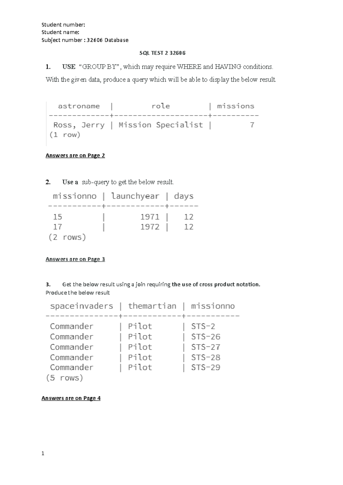 SQL TEST 2 - SPRING SEMESTER 2 2021 - DATABASE 32606 - Student name ...