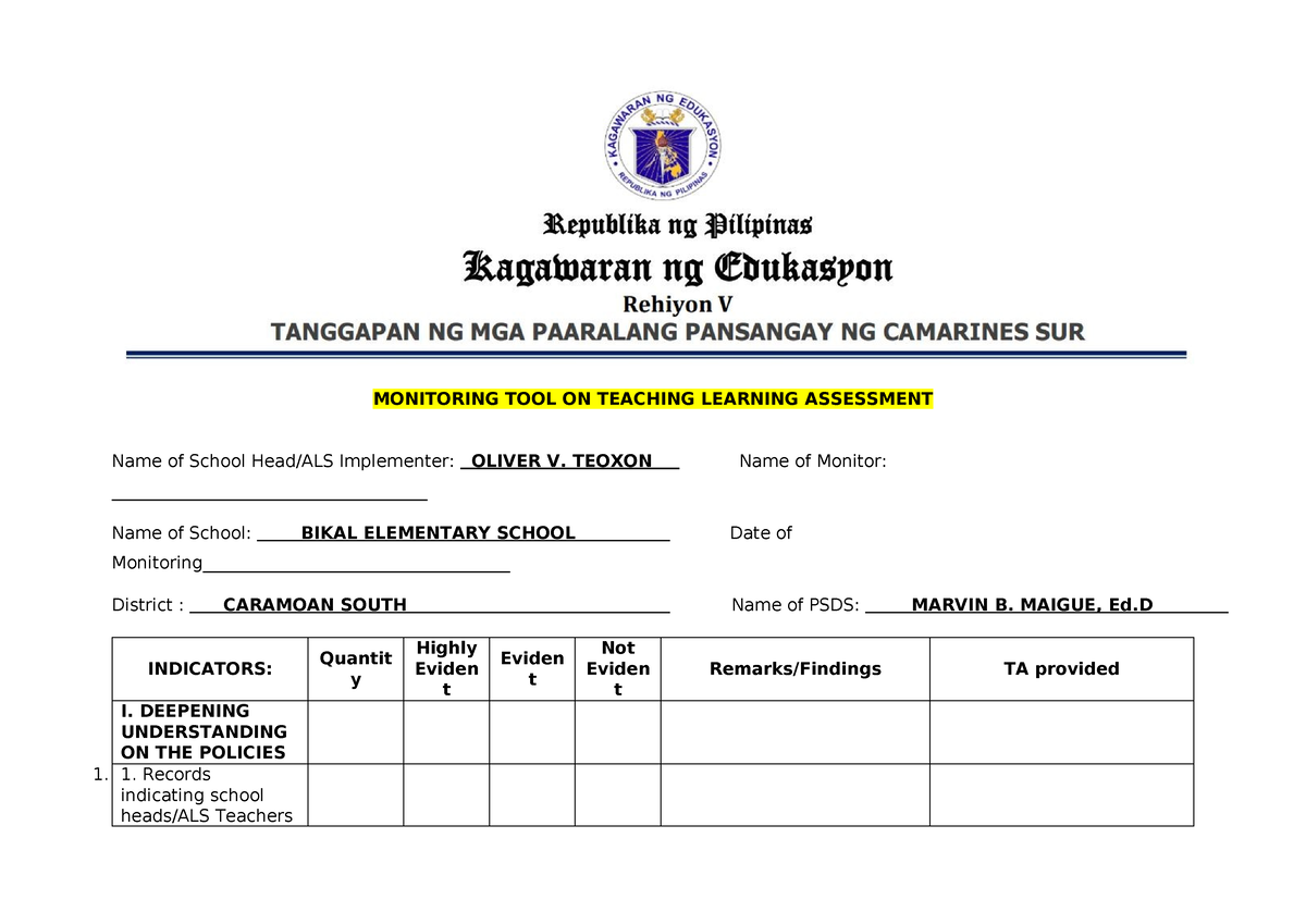 ME for Teaching Learning assessment - MONITORING TOOL ON TEACHING ...