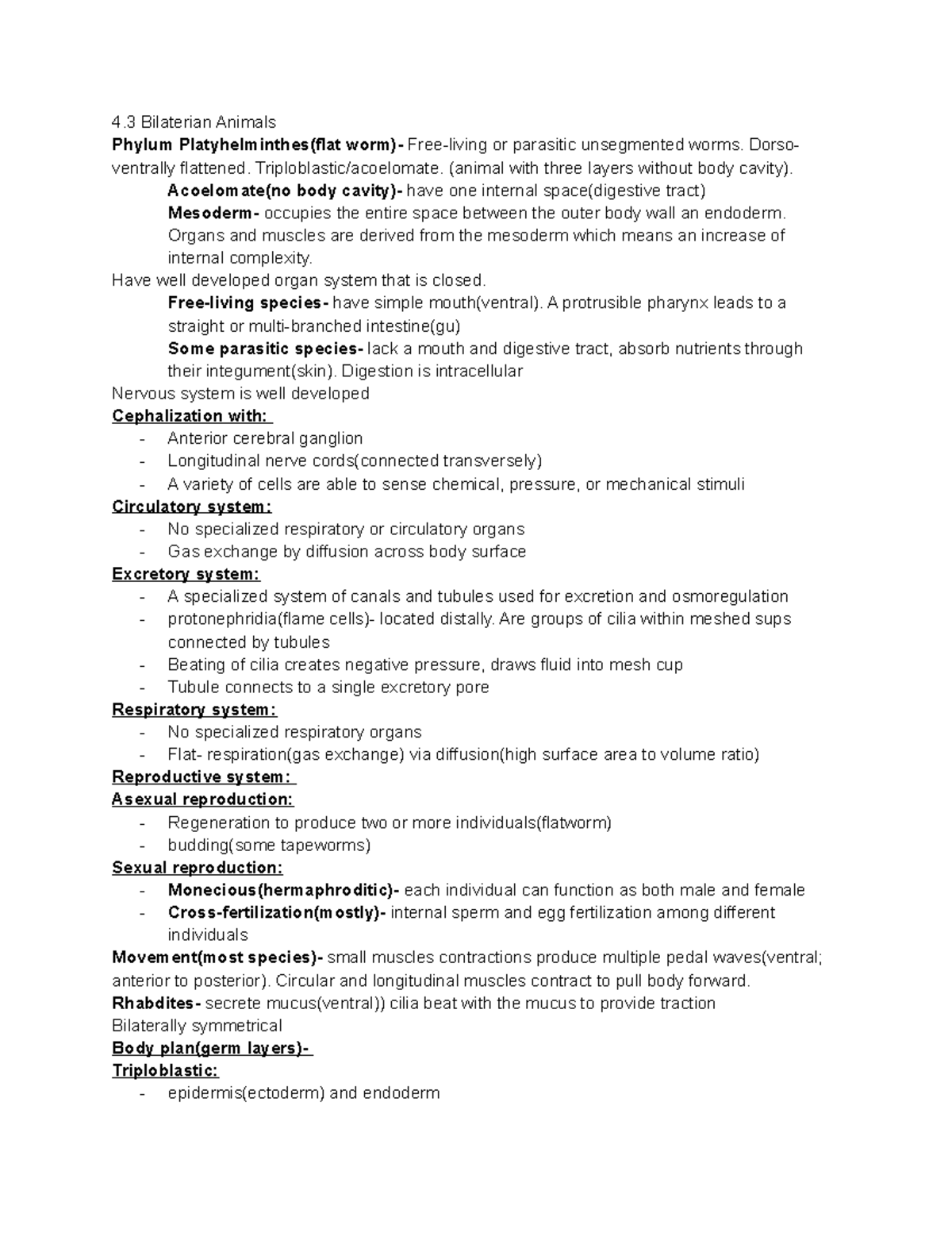 Bio notes Chapter 44 - 4 Bilaterian Animals Phylum Platyhelminthes(flat ...
