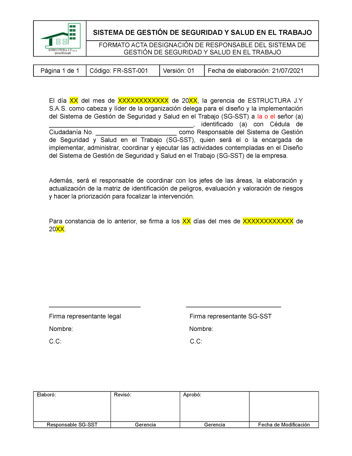 Fr Sst 001 Formato Acta Designación Responsable Sg Sst Sistema De