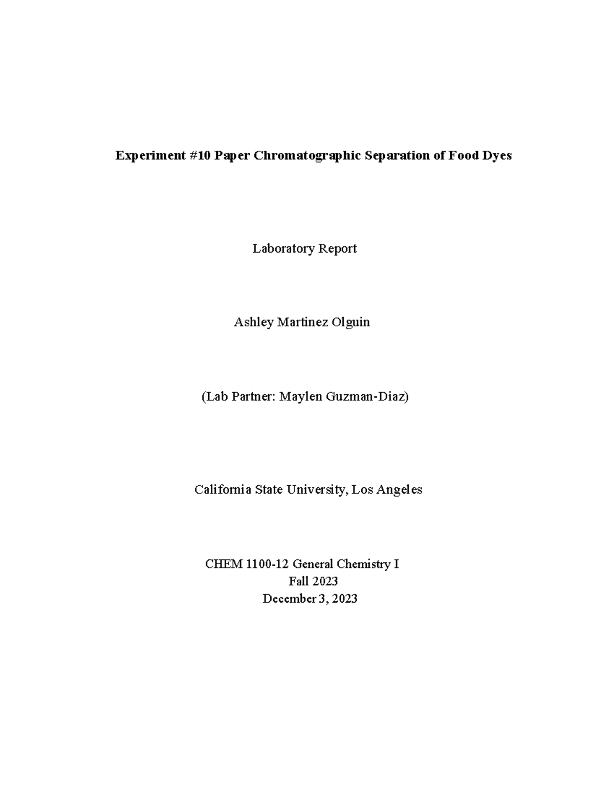Experiment 10 Paper Chromatographic Separation of Food Dyes (Post Lab