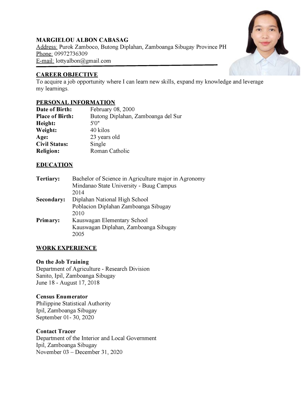 Margielou'S Resume (1) (1) - MARGIELOU ALBON CABASAG Address: Purok ...