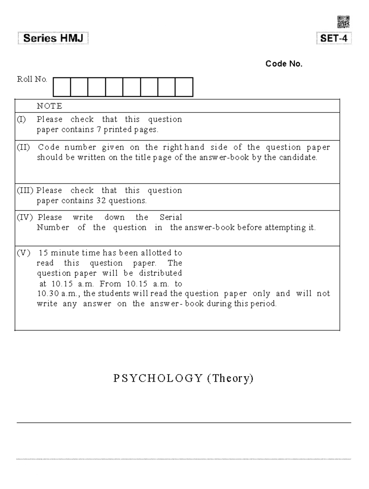 2019 Psychology - practice paper - Roll No. Code No. N O T E (I) Please ...