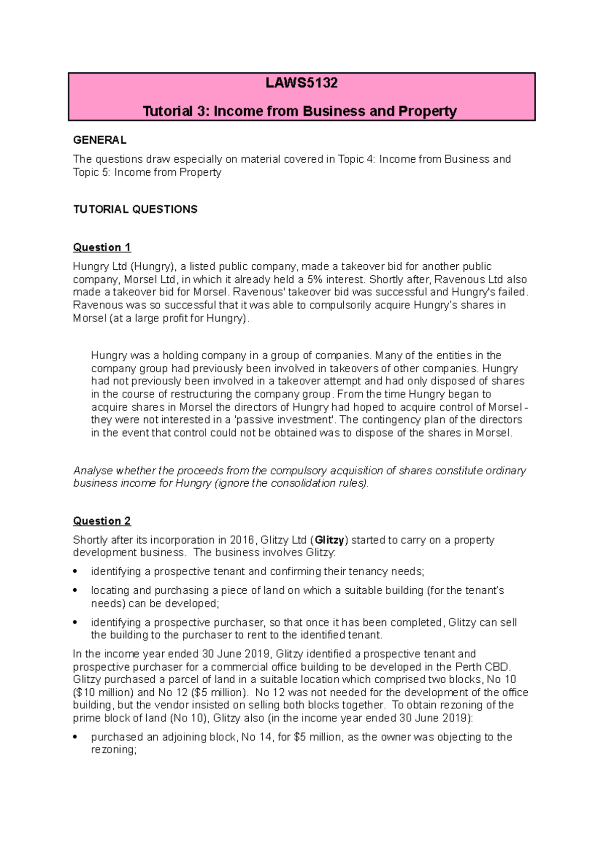 Tutorial 3 2023 Question - LAWS Tutorial 3: Income from Business and ...