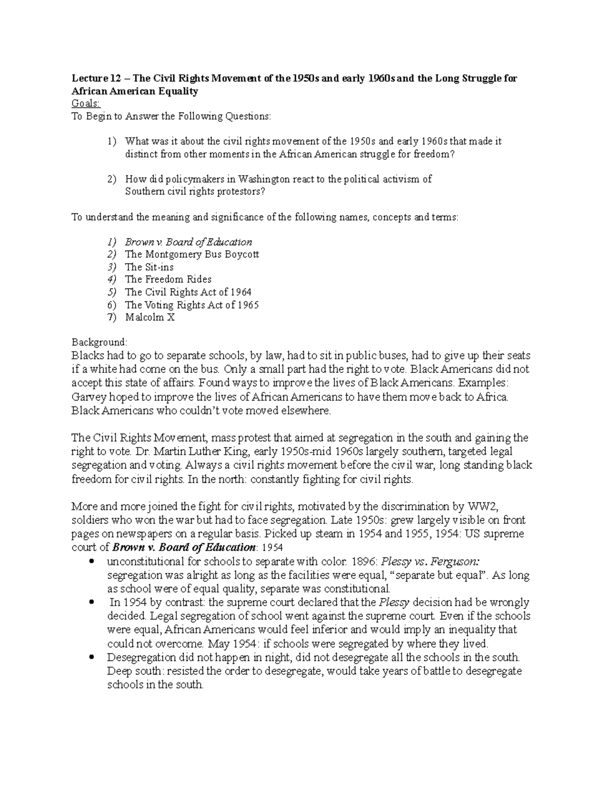 Lecture 13 notes - Lecture 12 – The Civil Rights Movement of the 1950s ...