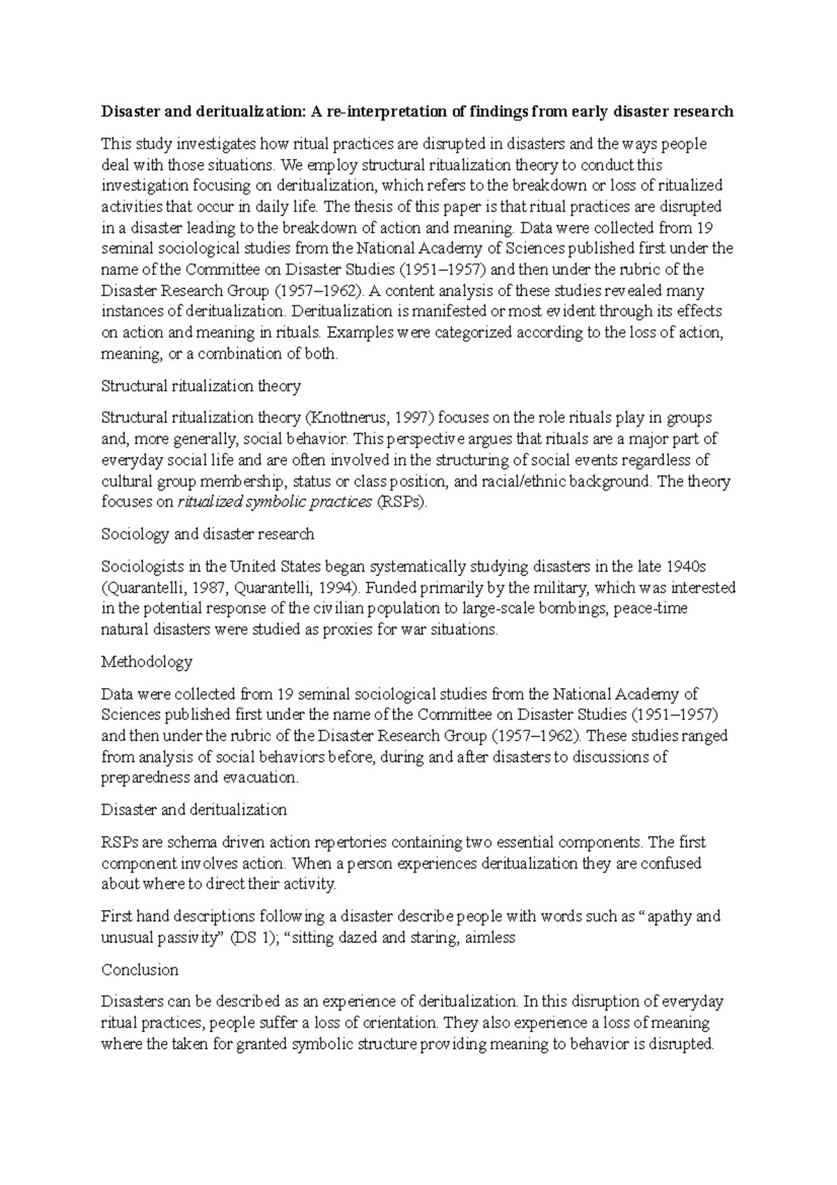 Disaster and deritualization - We employ structural ritualization ...