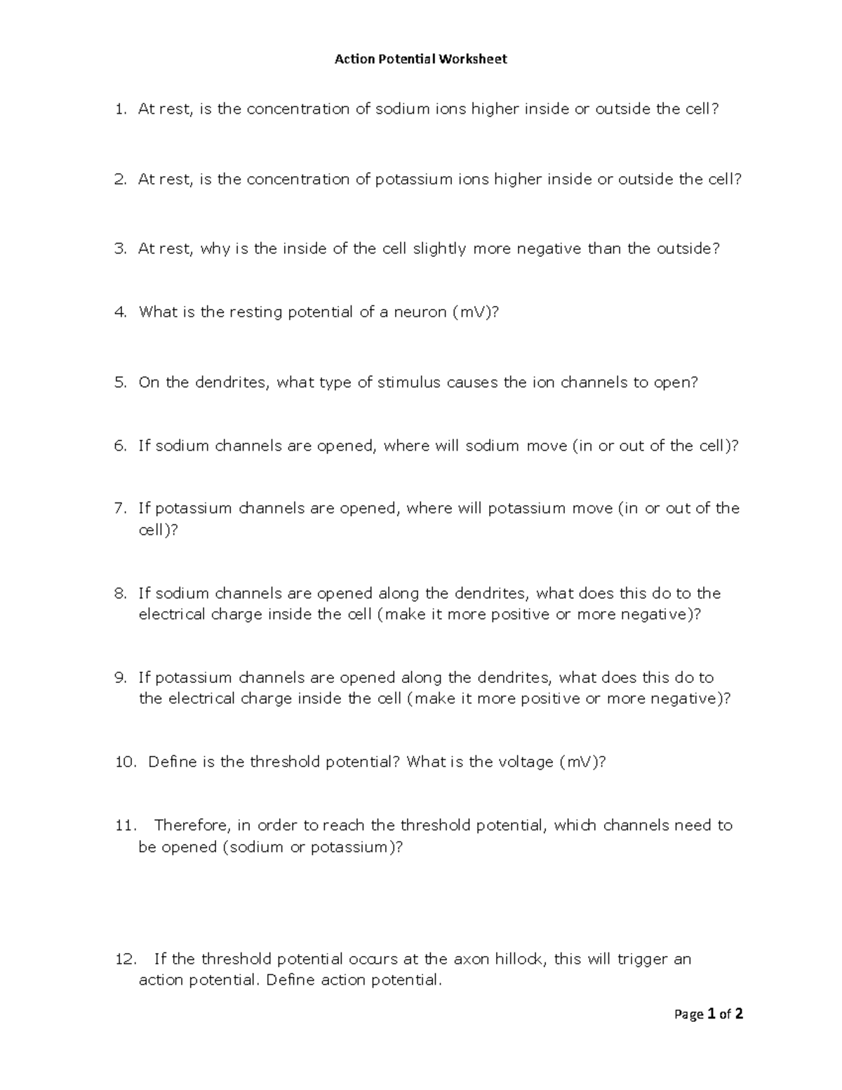 Action Potential Worksheet Define Action Potential Illock This Will 