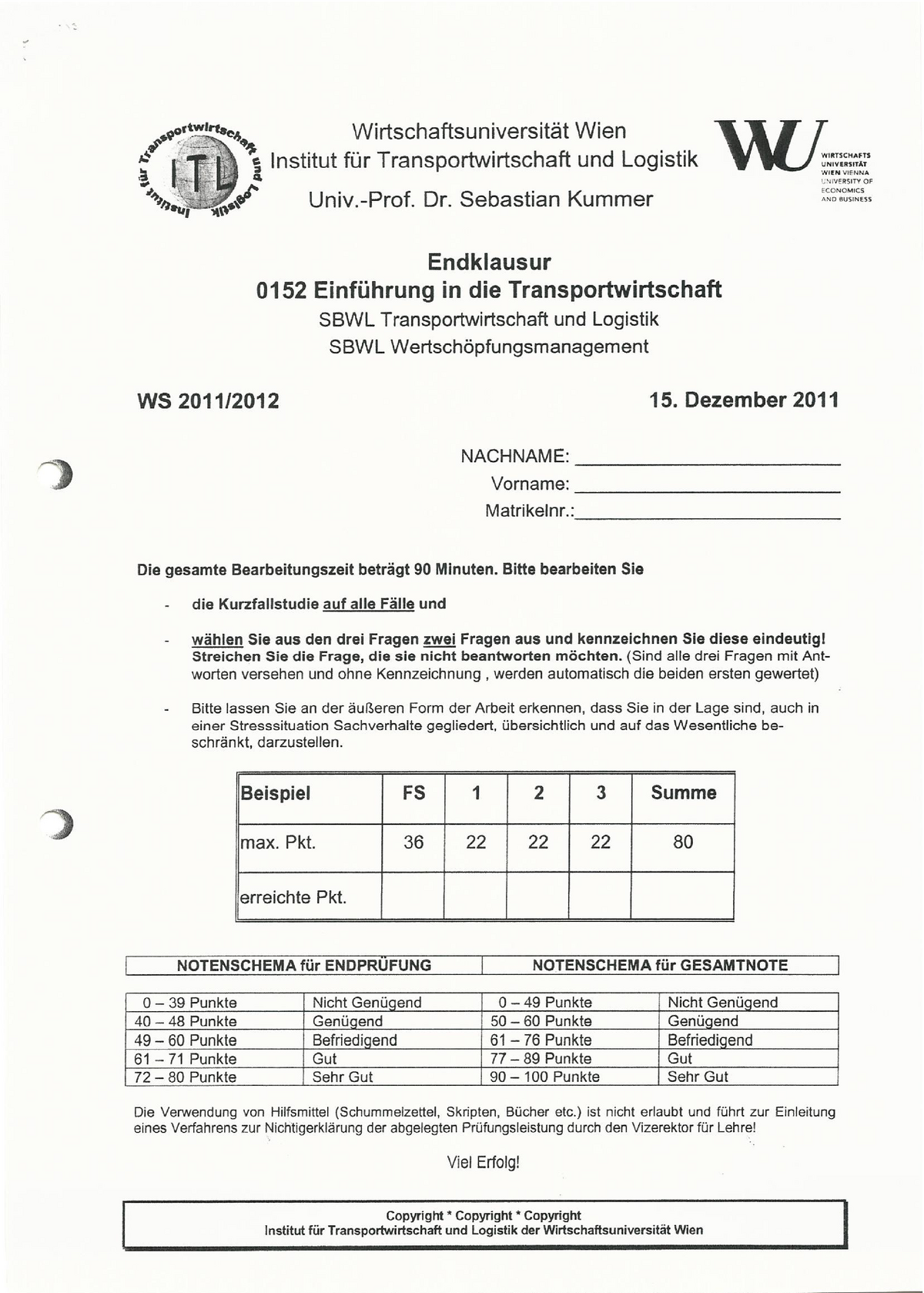 Klausur Dezember Fragen Transportwirtschaft Und Logistik