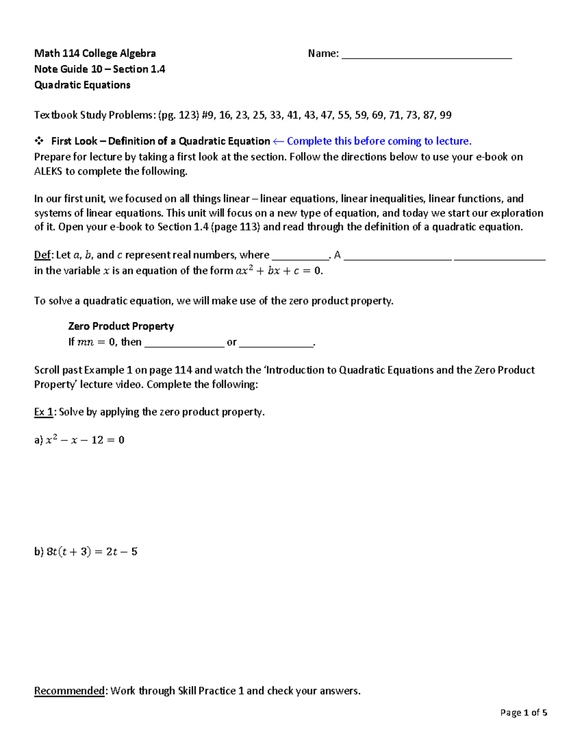 Quadratic Equations - Math 114 College Algebra Name ...