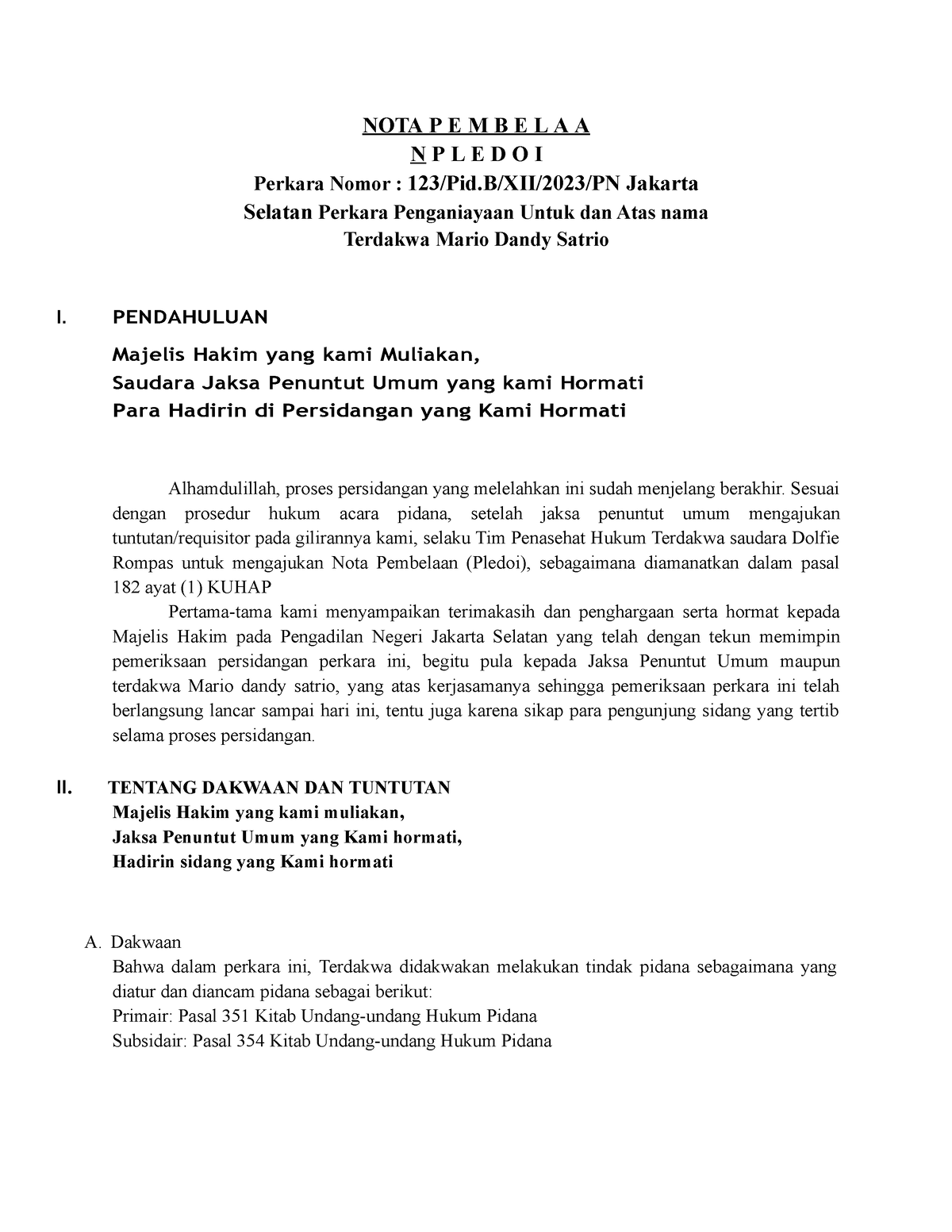 NOTA Pembelaan Pledoi - Kevin ARYA Bello - NOTA P E M B E L A A N P L E ...