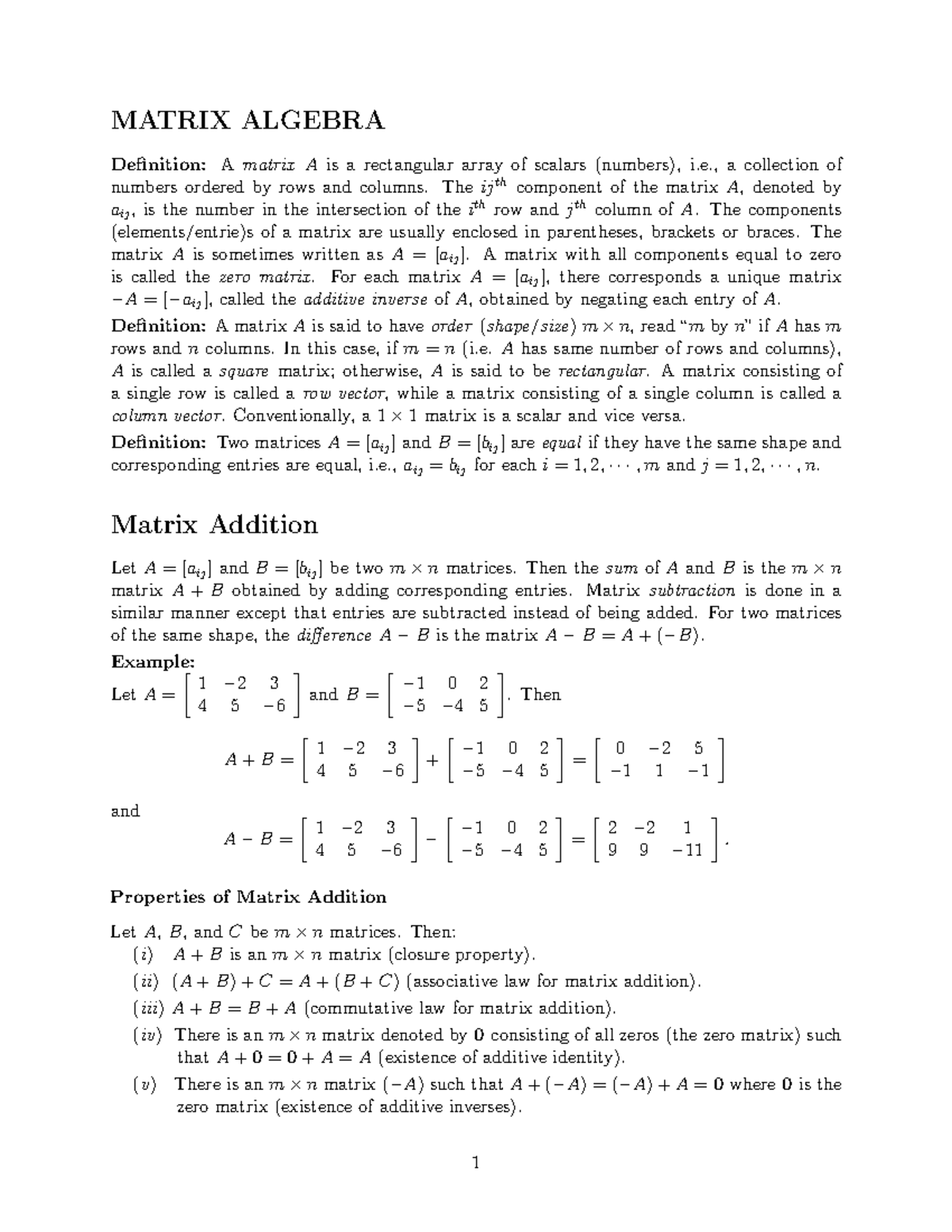 SMA 2201 Linear Algebra I Notes 4 - MATRIX ALGEBRA Definition: Amatrix ...