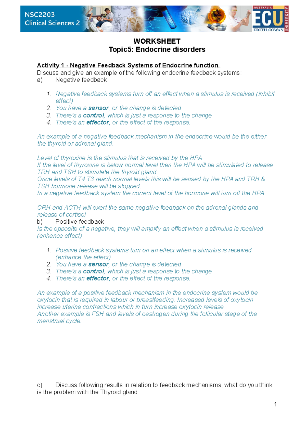 NSC2203 Week 8 Endocrine Disorders Worksheet Answers - WORKSHEET Topic5: Endocrine  disorders - Studocu