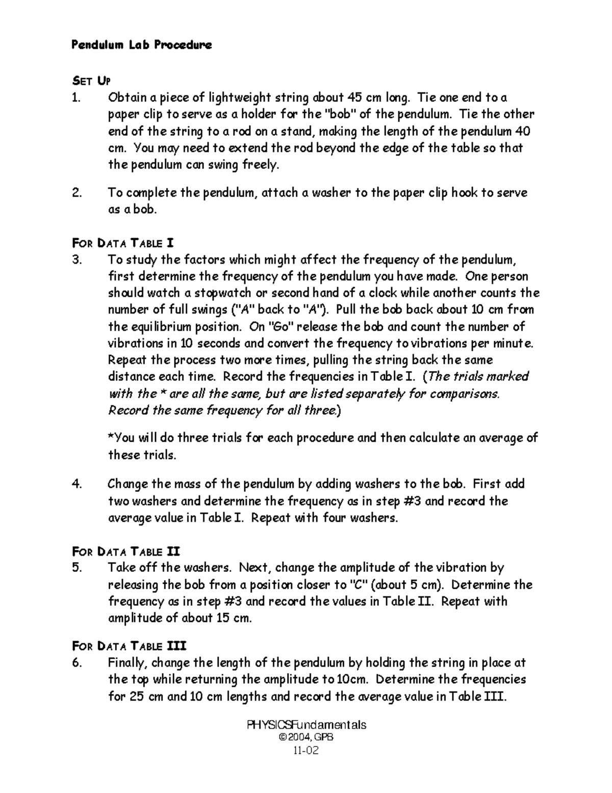 Pendulumprocedurelab Pendulum Lab Procedure PHYSICSFundament als