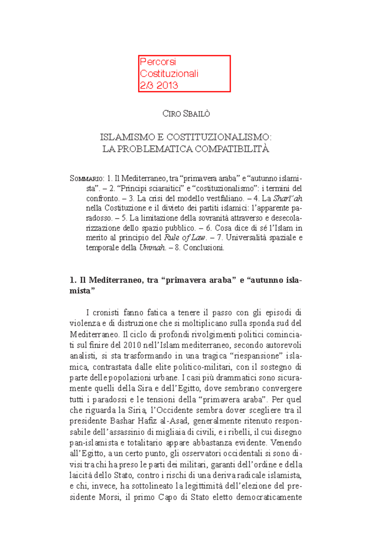 Sbailò Islamismo E Costituzionalismo Pc - Sommario: 1. Il Mediterraneo, Tra