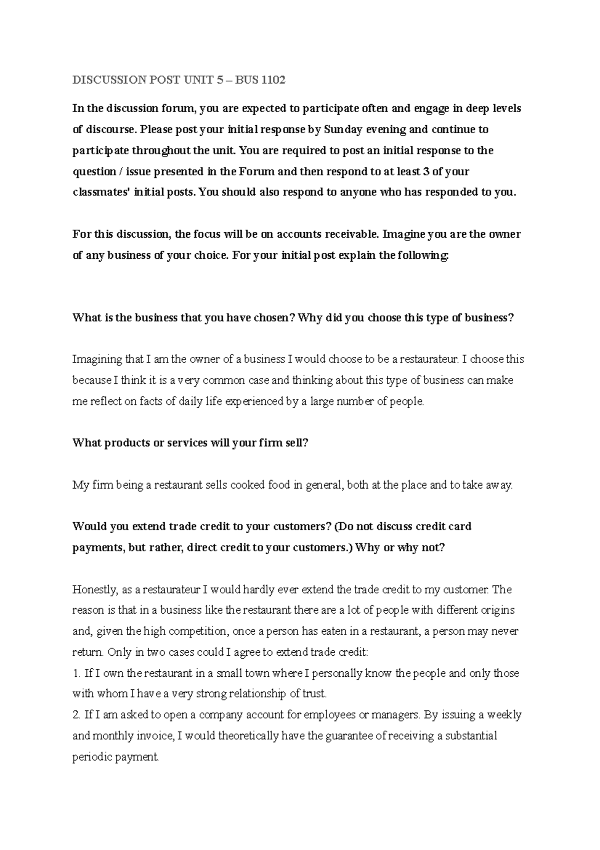 Discussion Post UNIT 5 - BUS 1102 - DISCUSSION POST UNIT 5 – BUS 1102 ...