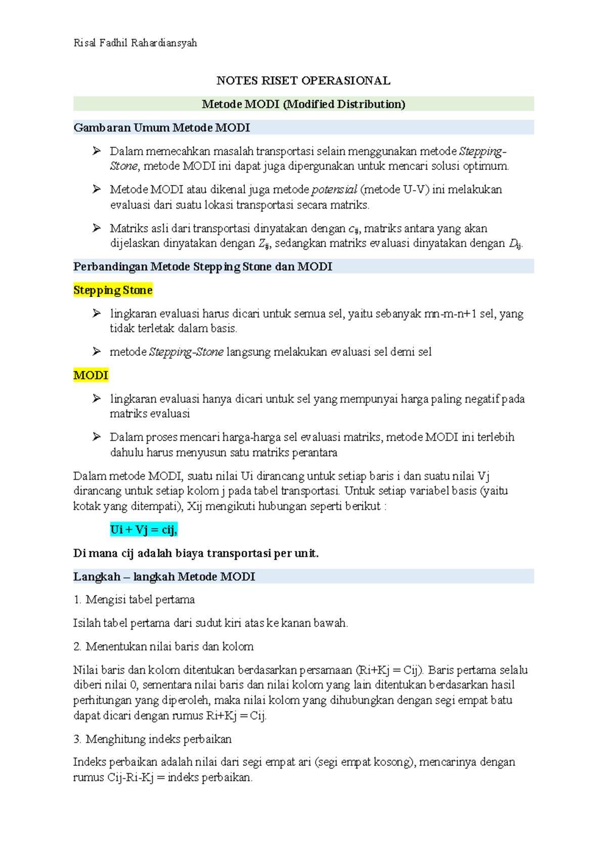 Notes Riset Operasional Metode Transportasi Modi Modified