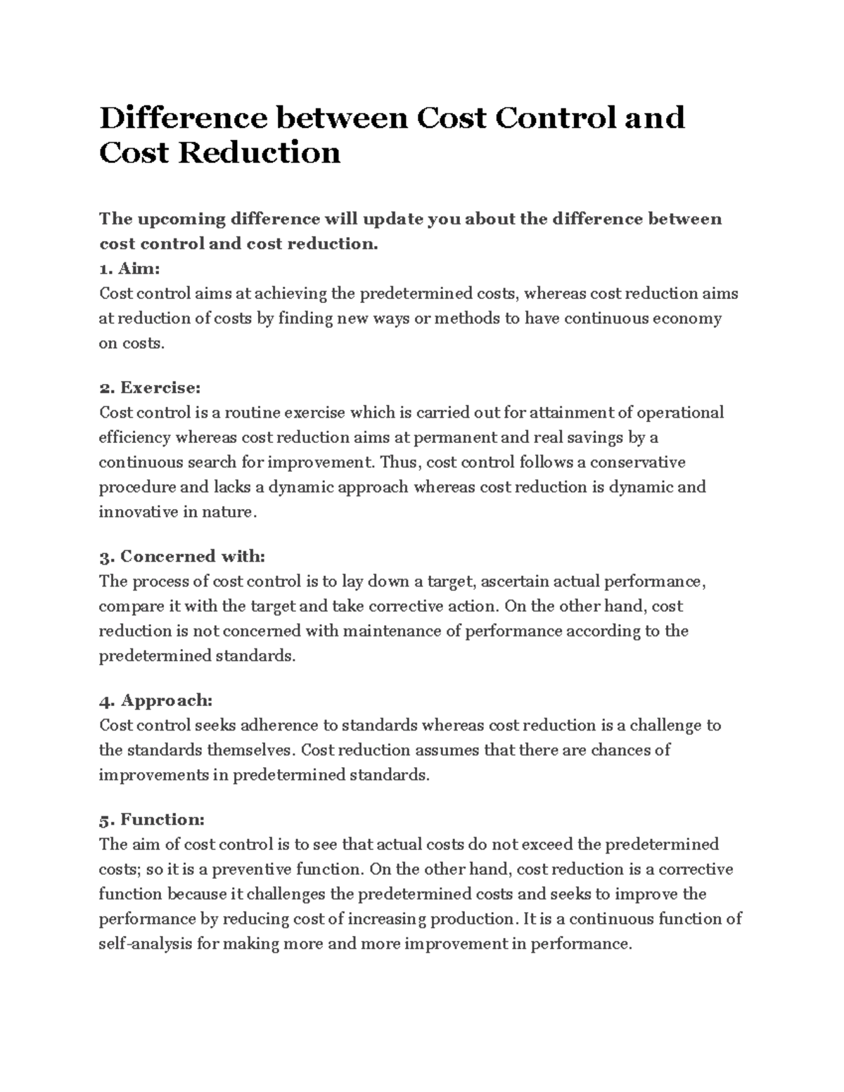 Difference between Cost Control and Cost Reduction Difference between