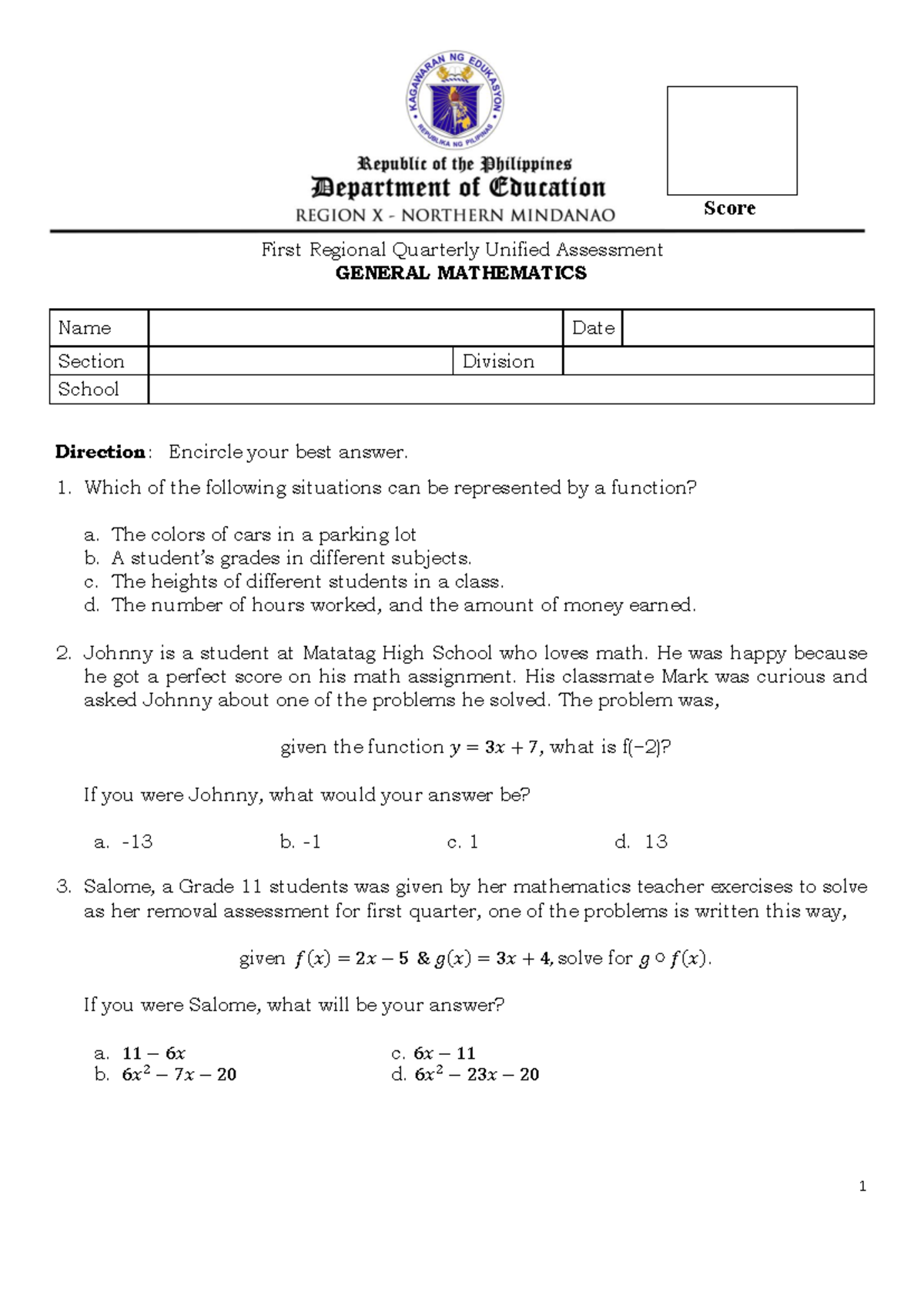 MATH-11-Q1-RUQA-2024 - 1 First Regional Quarterly Unified Assessment ...