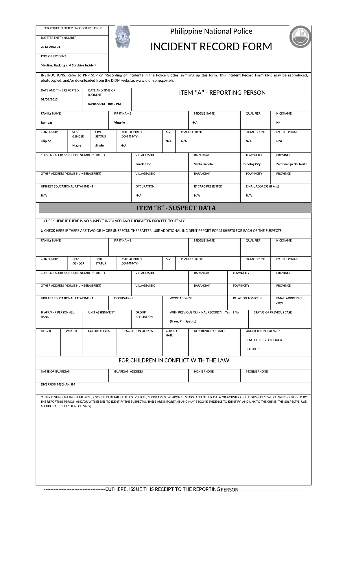 IRF -recx - FOR POLICE BLOTTER ENCODER USE ONLY Philippine National ...