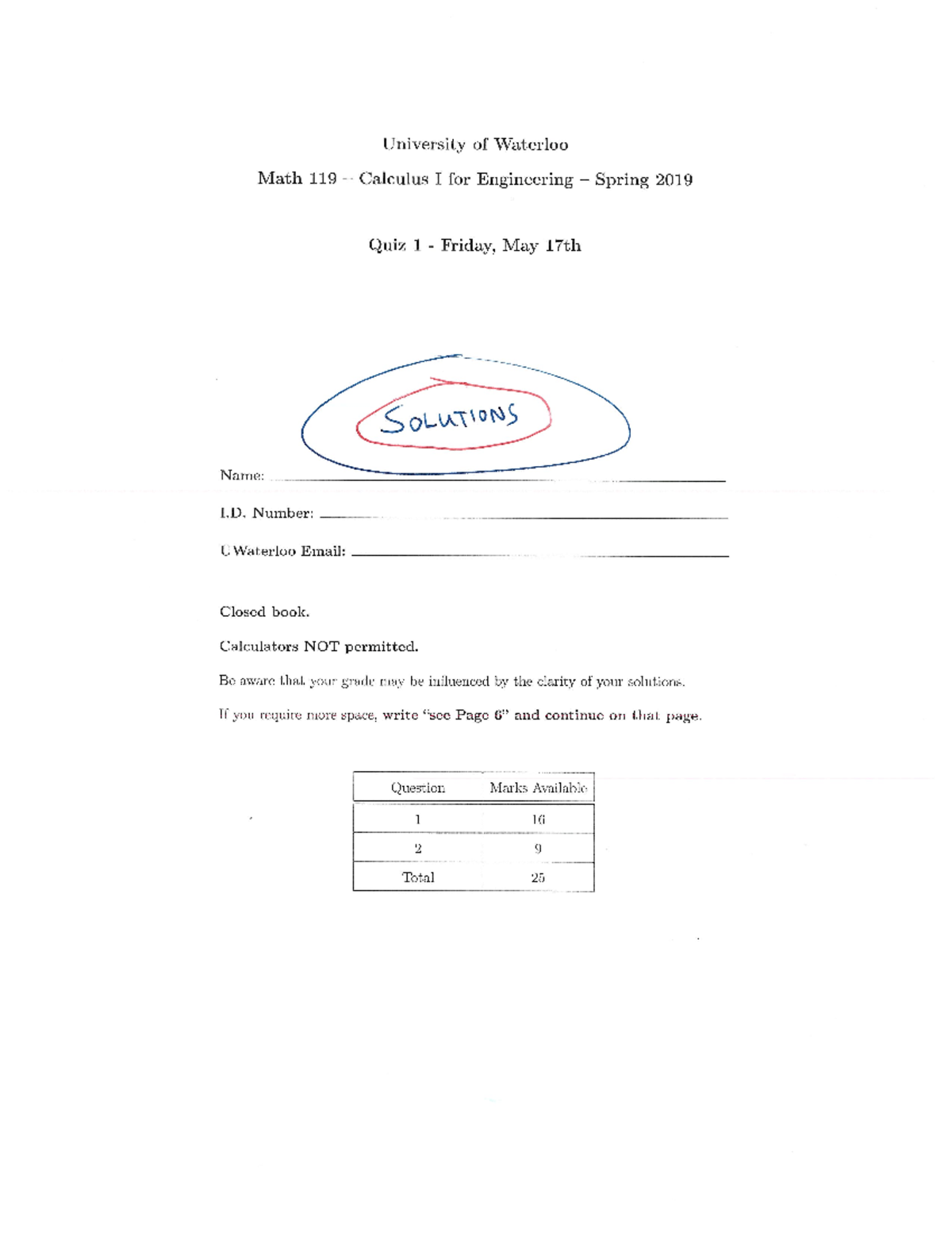 Quiz 1 solutions - MATH 119 - Studocu