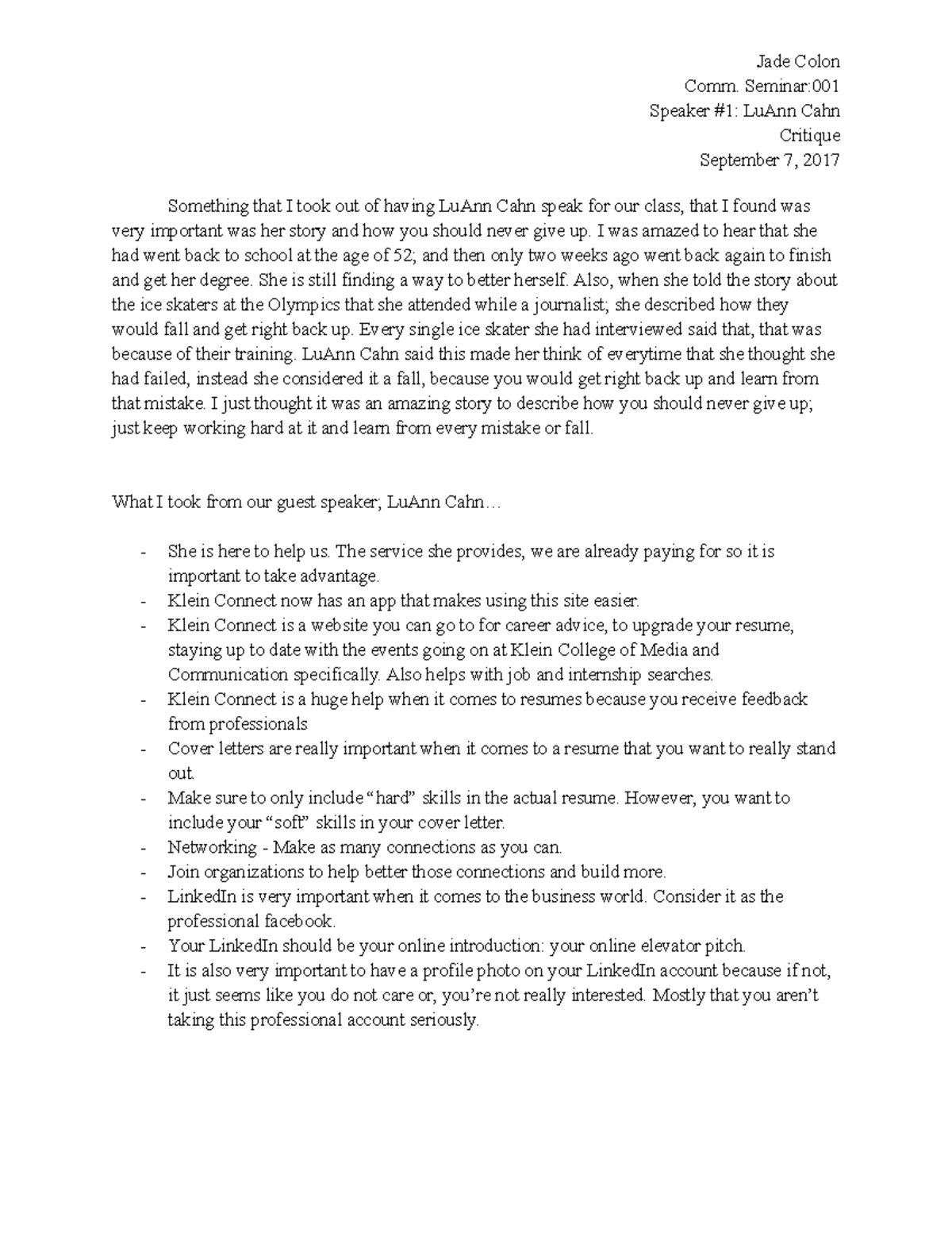 Speaker 1 critique (Comm seminar) - Jade Colon Comm. Seminar: Speaker ...