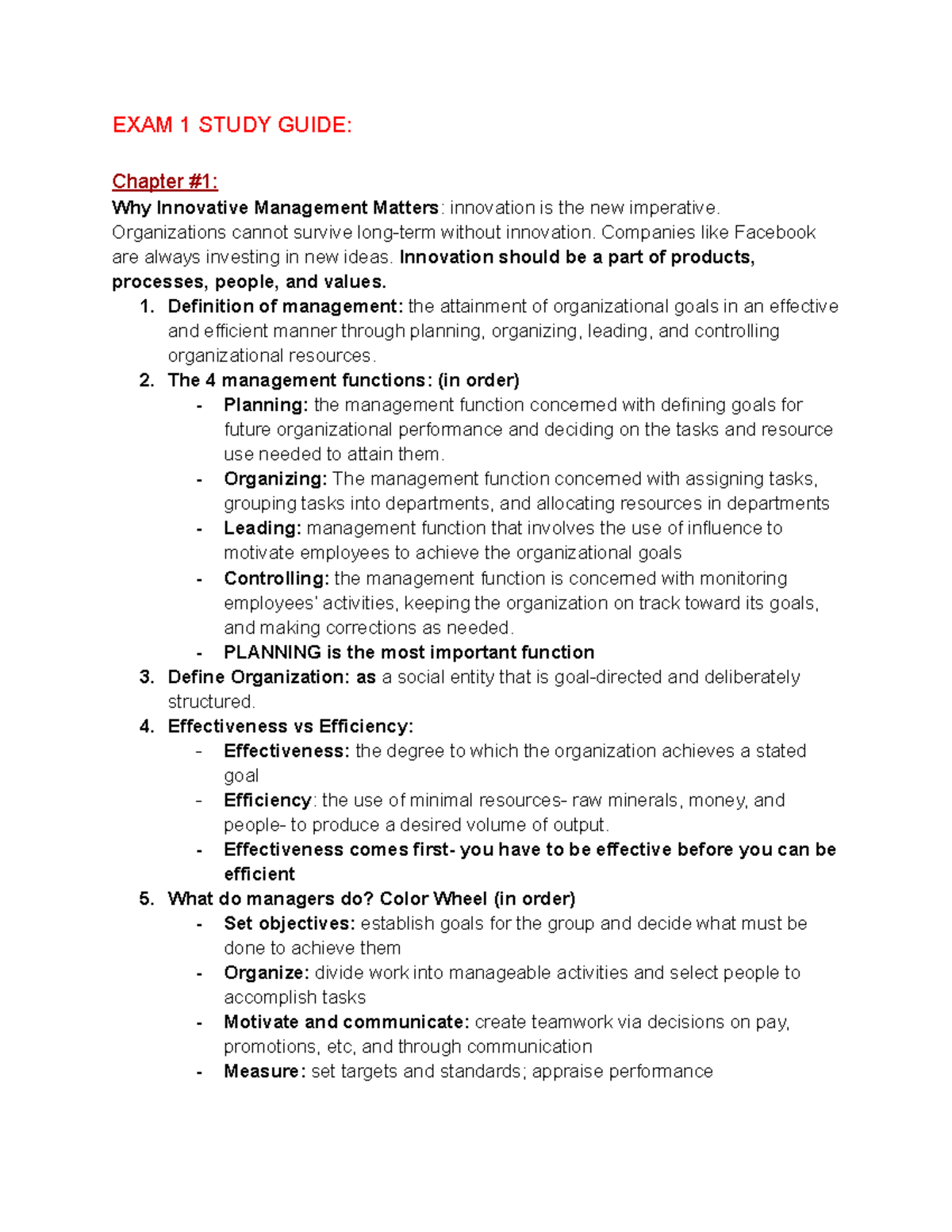 Management Exam 1 Study Guide - EXAM 1 STUDY GUIDE: Chapter #1: Why ...